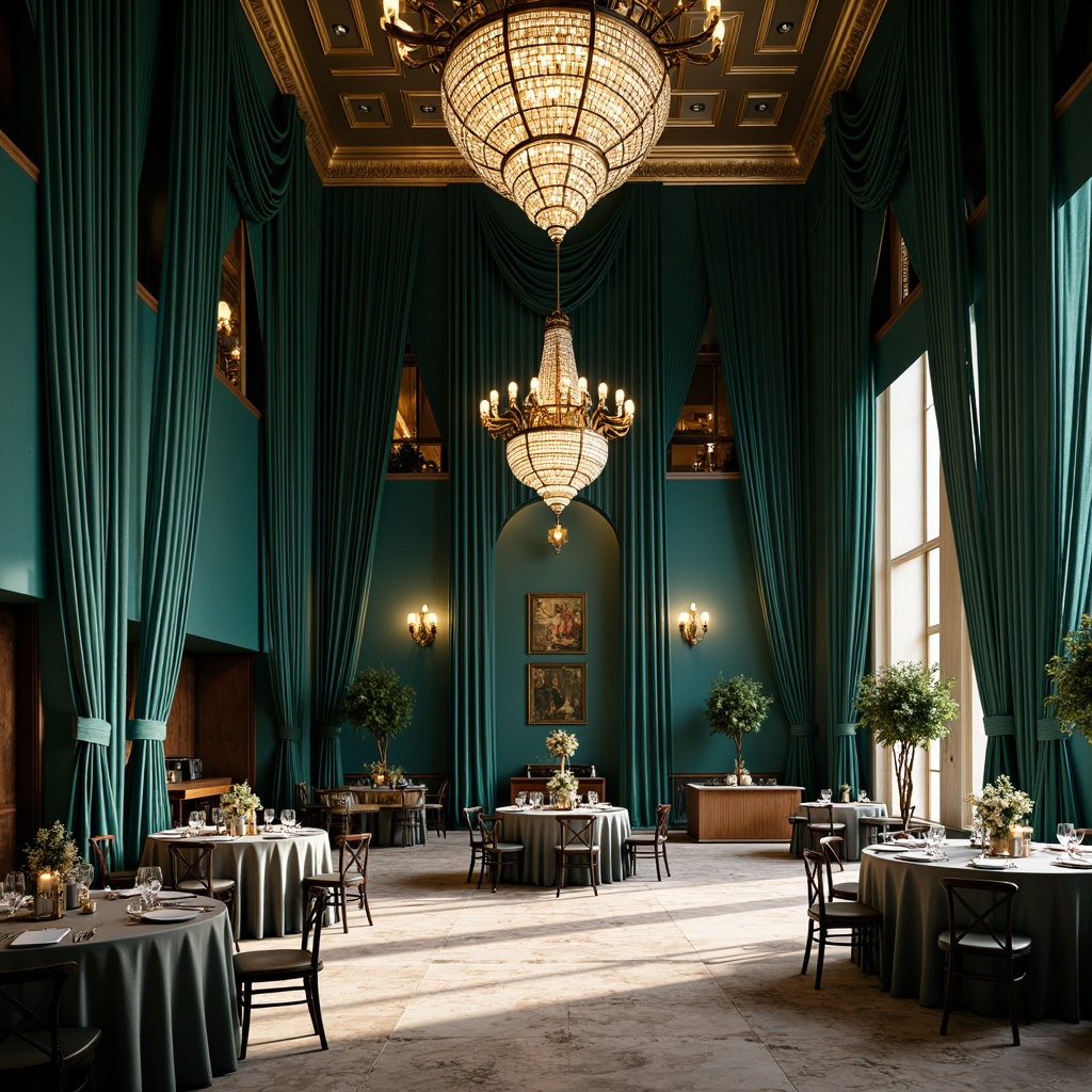 Prompt: Elegant event venue, luxurious drapery, rich jewel tones, emerald green walls, navy blue accents, metallic gold decorations, crystal chandeliers, polished marble floors, soft warm lighting, shallow depth of field, 3/4 composition, realistic textures, ambient occlusion.