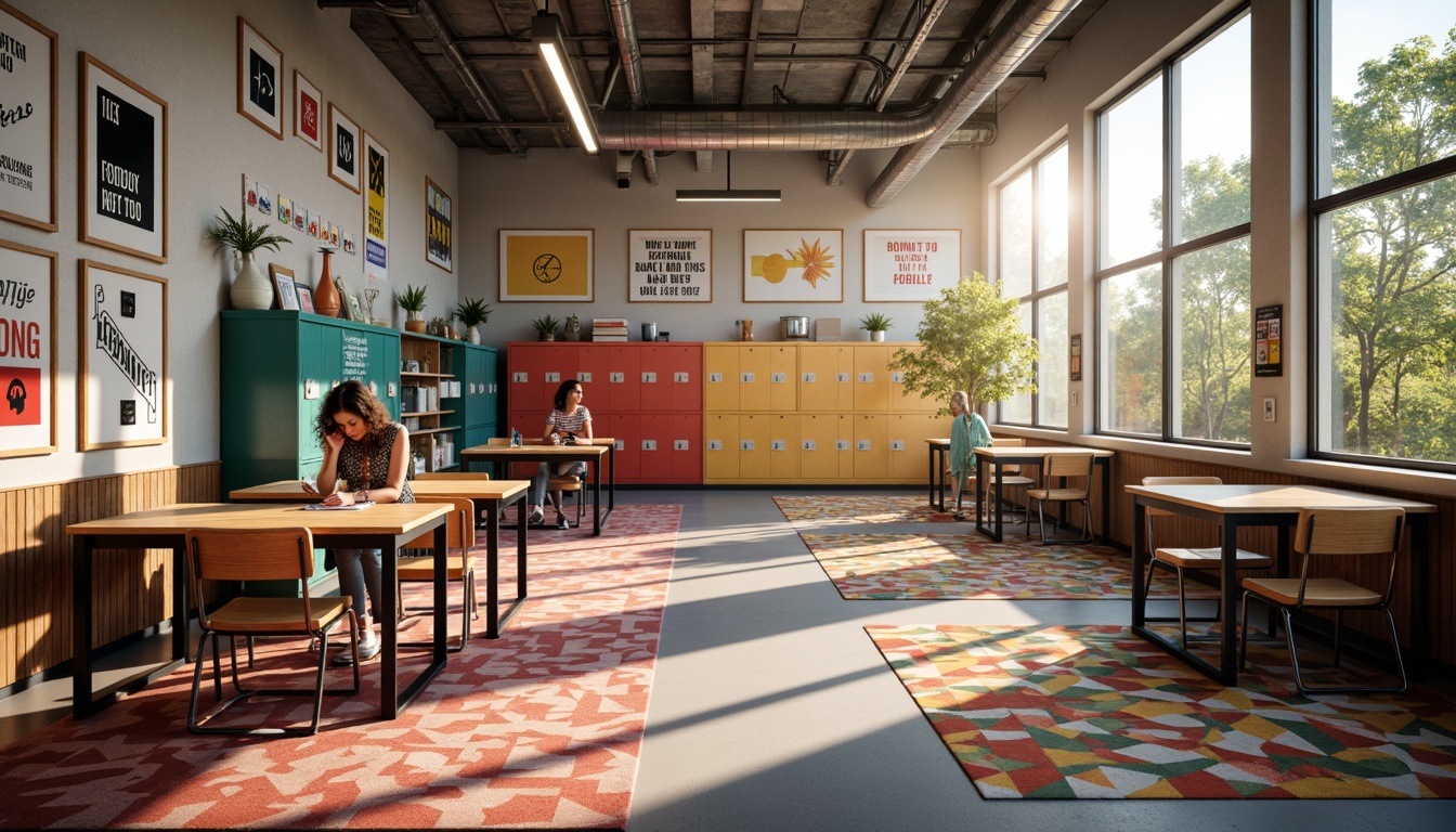 Prompt: Vibrant high school classroom, industrial-chic Bauhaus style, wooden tables, ergonomic chairs, colorful metal lockers, geometric-patterned rugs, bold typography posters, minimalist shelves, functional desks, creative art supplies, inspirational quotes, natural light pouring in, soft warm glow, shallow depth of field, 3/4 composition, realistic textures, ambient occlusion.