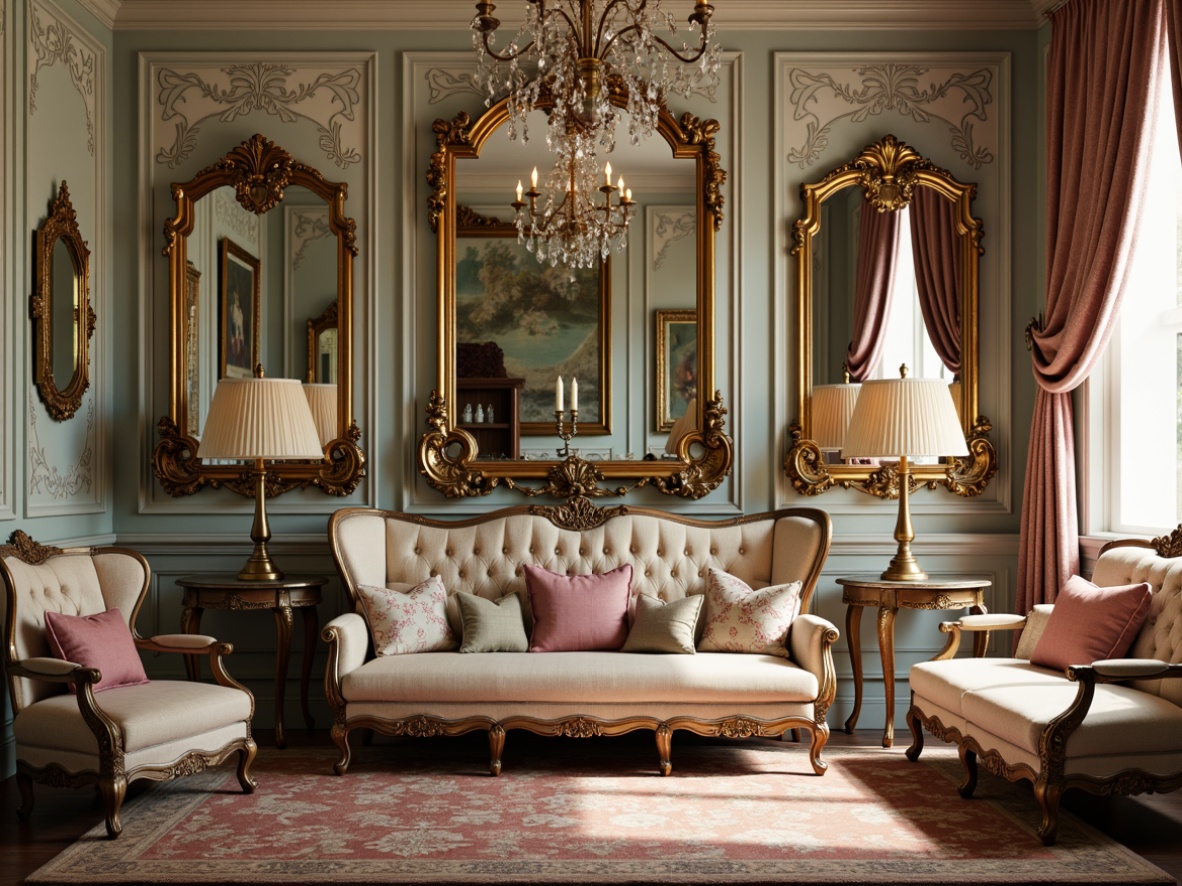 Prompt: Ornate mirrors, gilded frames, luxurious velvet fabrics, intricately carved wooden legs, curved lines, scalloped edges, ornamental metalwork, crystal chandeliers, opulent drapery, lavish upholstery, soft pastel colors, antique finishes, distressed textures, French provincial influences, regal atmosphere, warm golden lighting, shallow depth of field, 1/2 composition, realistic reflections.