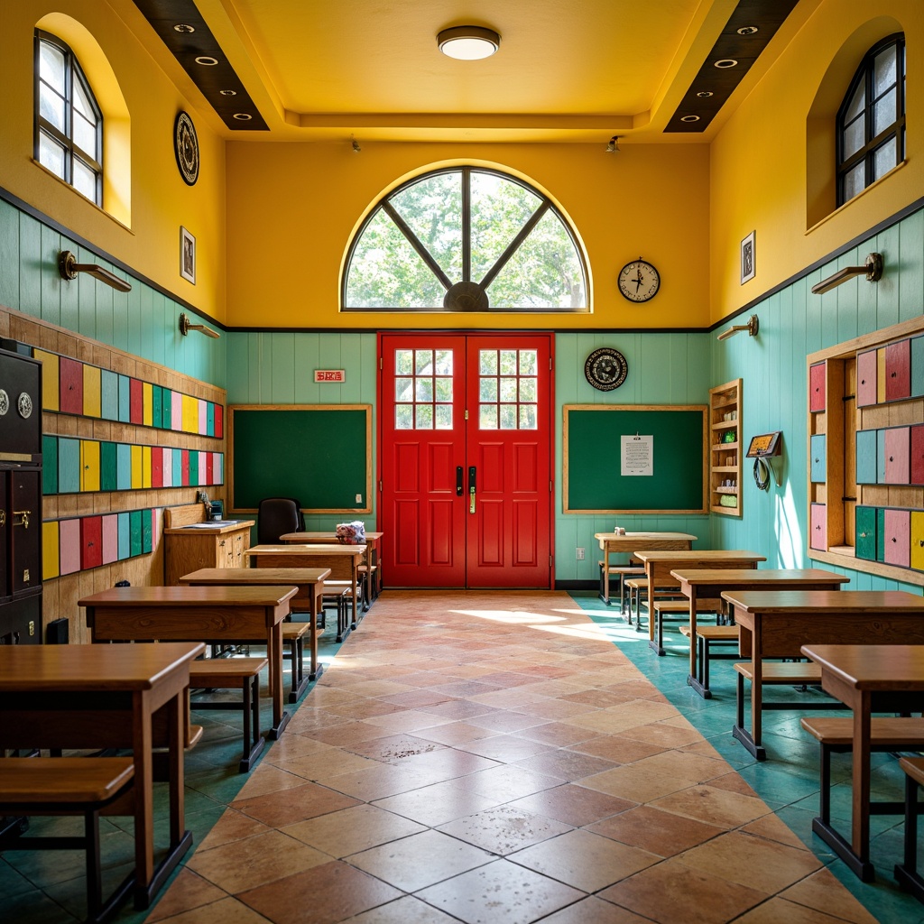 Prompt: Vibrant elementary school, art deco style, bright yellow walls, turquoise accents, bold red doors, geometric patterns, ornate metalwork, circular windows, hexagonal tiles, playful murals, colorful lockers, wooden desks, green chalkboards, natural light, warm atmosphere, shallow depth of field, 1/1 composition, soft focus, realistic textures, ambient occlusion.