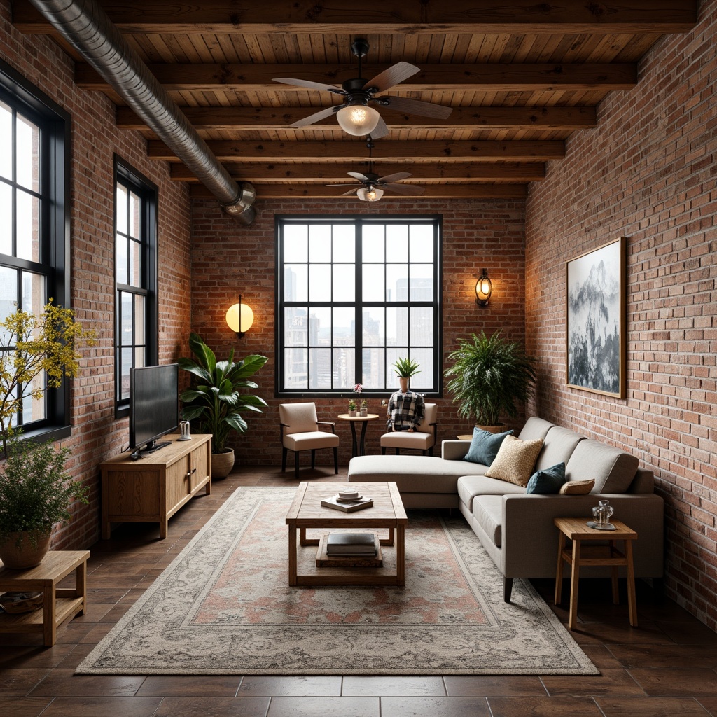 Prompt: Rustic loft interior, exposed wooden beams, reclaimed wood accents, craftsman-style decor, earthy color palette, natural textiles, vintage industrial lighting, metal accents, distressed finishes, brick walls, large windows, urban views, soft warm lighting, shallow depth of field, 2/3 composition, realistic textures, ambient occlusion.