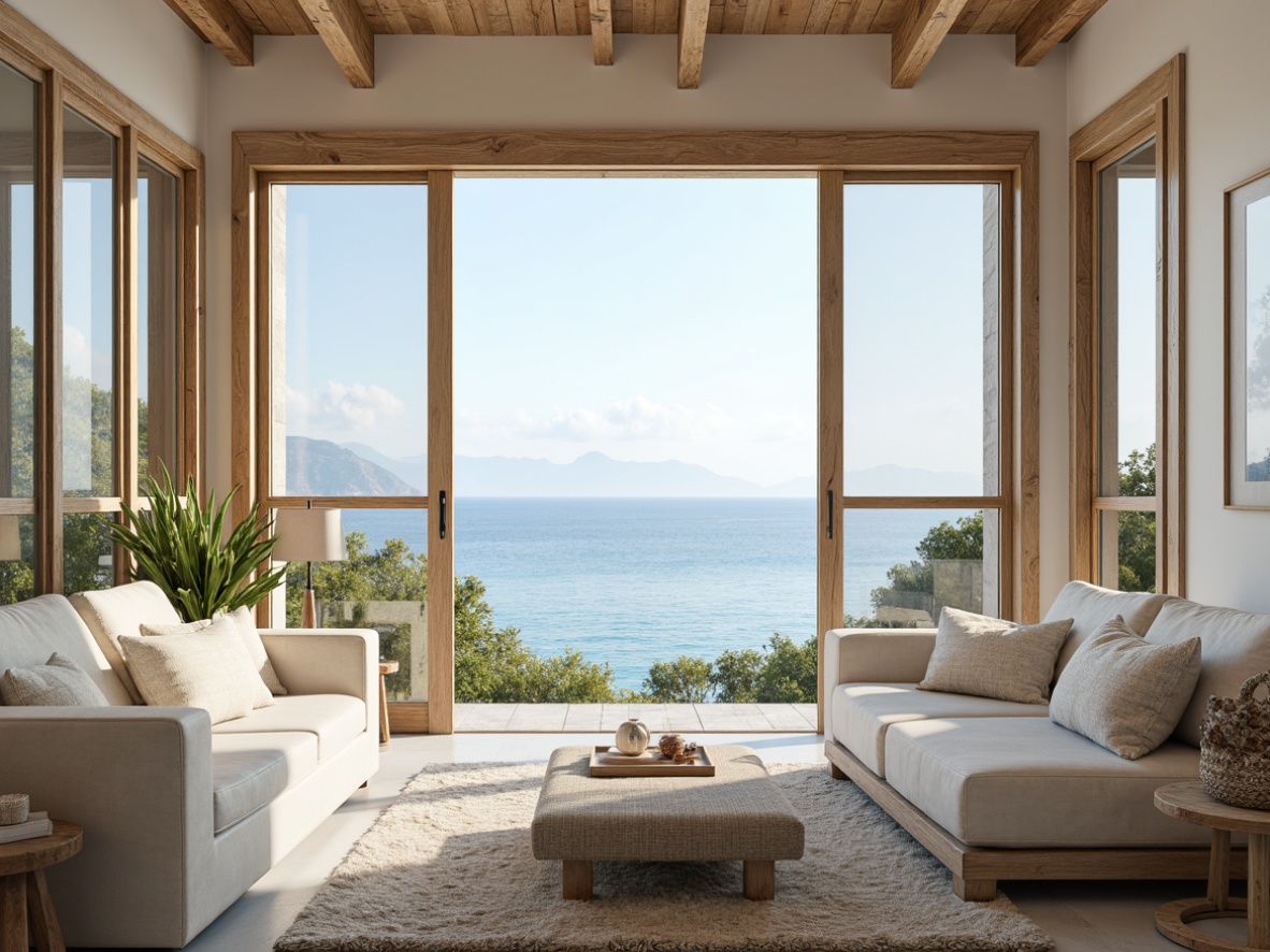 Prompt: Calming coastal interior, soothing ocean views, serene beachscapes, weathered wood accents, driftwood furniture, natural textiles, soft creamy whites, gentle blues, muted greens, warm sandy neutrals, coral-inspired hues, shell-adorned decor, ocean-breeze colors, effortless elegance, minimalist decor, large windows, sliding glass doors, abundant natural light, soft diffused lighting, shallow depth of field, 1/1 composition, realistic textures, ambient occlusion.