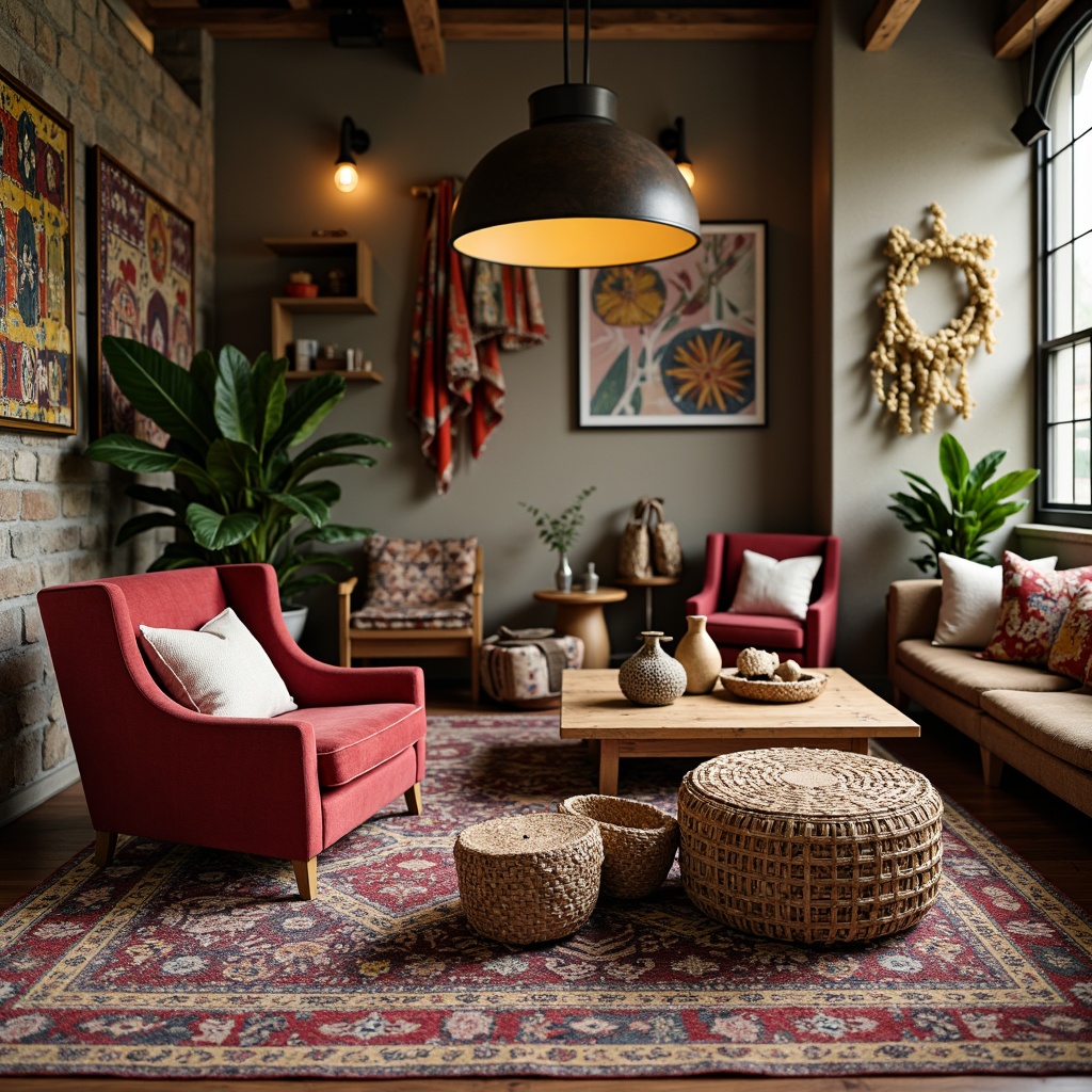 Prompt: Vintage velvet armchairs, distressed wood coffee tables, eclectic patterned rugs, Moroccan-inspired poufs, colorful woven baskets, abstract artwork, oversized floor lamps, ornate metal vases, lush greenery plants, natural stone walls, rustic wooden shelves, cozy throw blankets, vibrant colored pillows, bohemian-style tapestries, warm soft lighting, shallow depth of field, 1/1 composition, realistic textures, ambient occlusion.