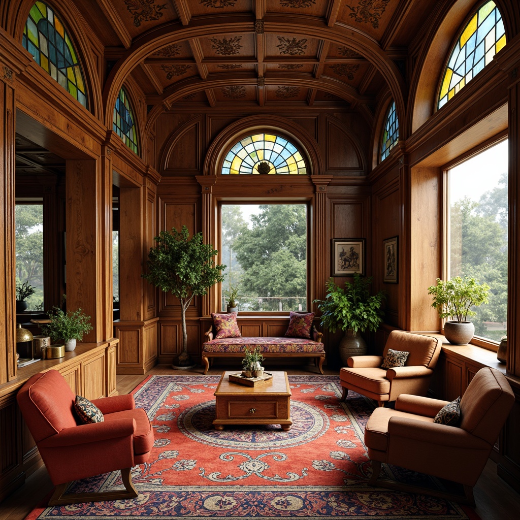 Prompt: Whimsical living room, ornate wooden furniture, sinuous lines, organic forms, flowing curves, stained glass windows, vibrant colorful fabrics, intricate carvings, luxurious velvet upholstery, polished bronze hardware, eclectic decorative accessories, subtle warm lighting, shallow depth of field, 1/1 composition, realistic textures, ambient occlusion.