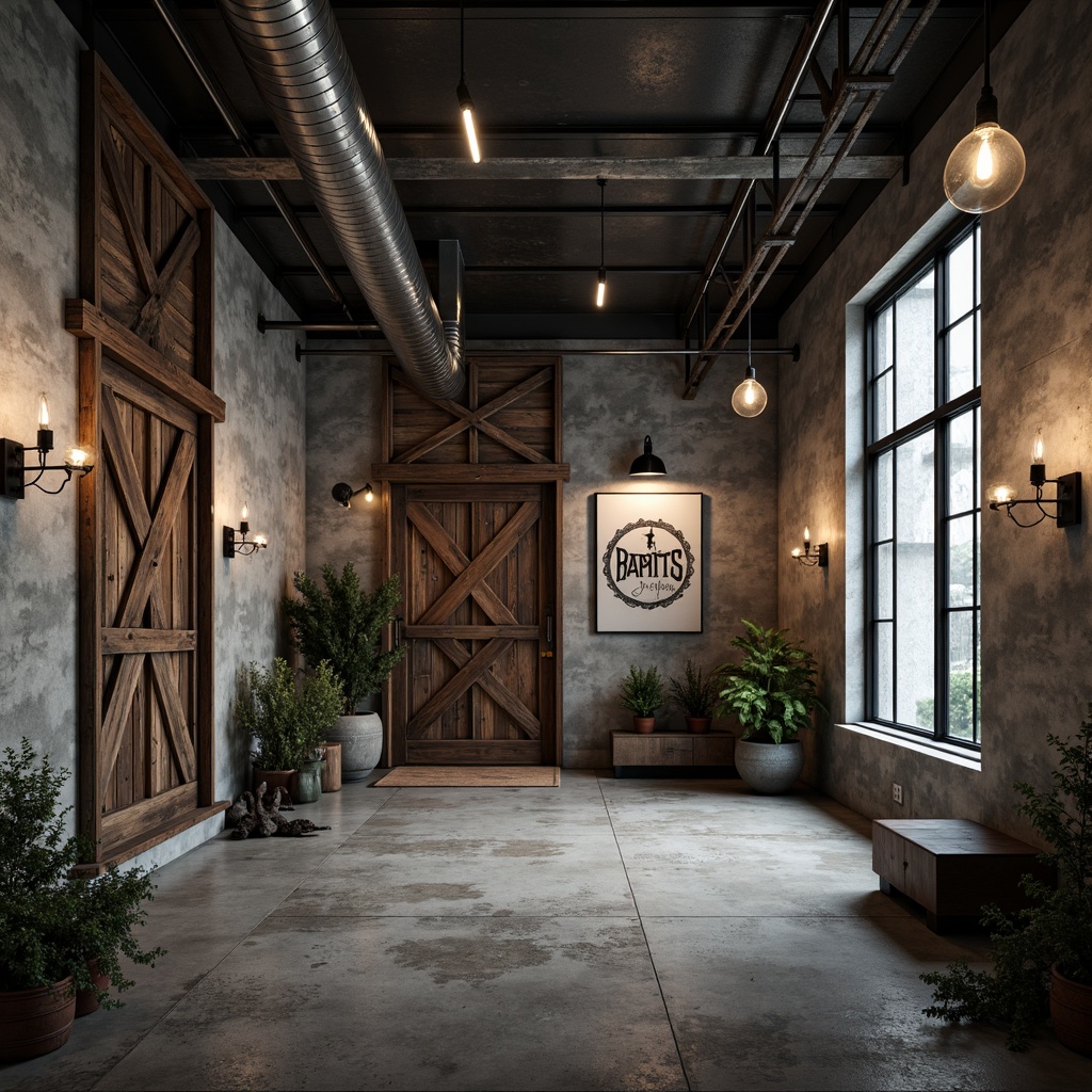 Prompt: Exposed ductwork, industrial pipes, raw concrete walls, distressed metal beams, reclaimed wood accents, Edison bulb lighting, urban loft atmosphere, vintage manufacturing equipment, rough-hewn stone floors, minimalist decor, functional simplicity, brutalist architecture, monochromatic color scheme, dramatic shadows, high-contrast lighting, cinematic composition, gritty textures, realistic materials.