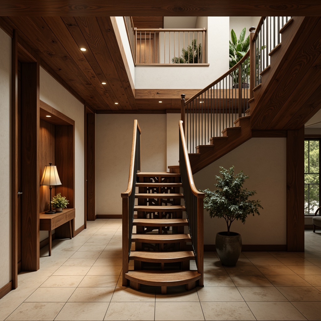 Prompt: Elegant Asian-style staircase, intricately carved wooden railings, slender balusters, polished chrome handrails, subtle curve designs, rich dark wood tones, ornate metalwork details, traditional Japanese-inspired motifs, natural stone flooring, serene ambient lighting, shallow depth of field, 1/2 composition, warm beige color palette, soft focus effect.