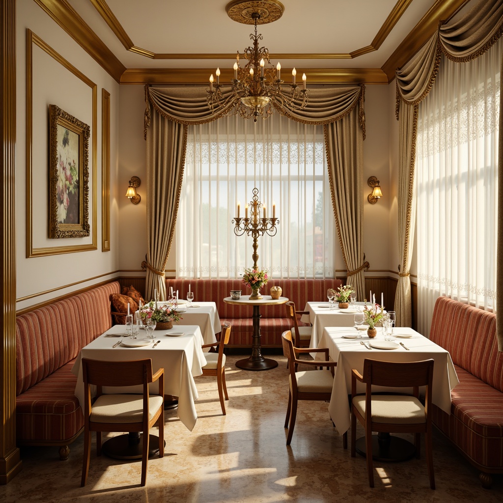 Prompt: Elegant breakfast nook, ornate gold accents, soft cream walls, rich wood tones, intricate carvings, luxurious velvet upholstery, delicate lace curtains, warm beige marble floors, inlaid wooden patterns, polished chrome fixtures, romantic candelabra lighting, shallow depth of field, 1/1 composition, intimate atmosphere, realistic textures, ambient occlusion.