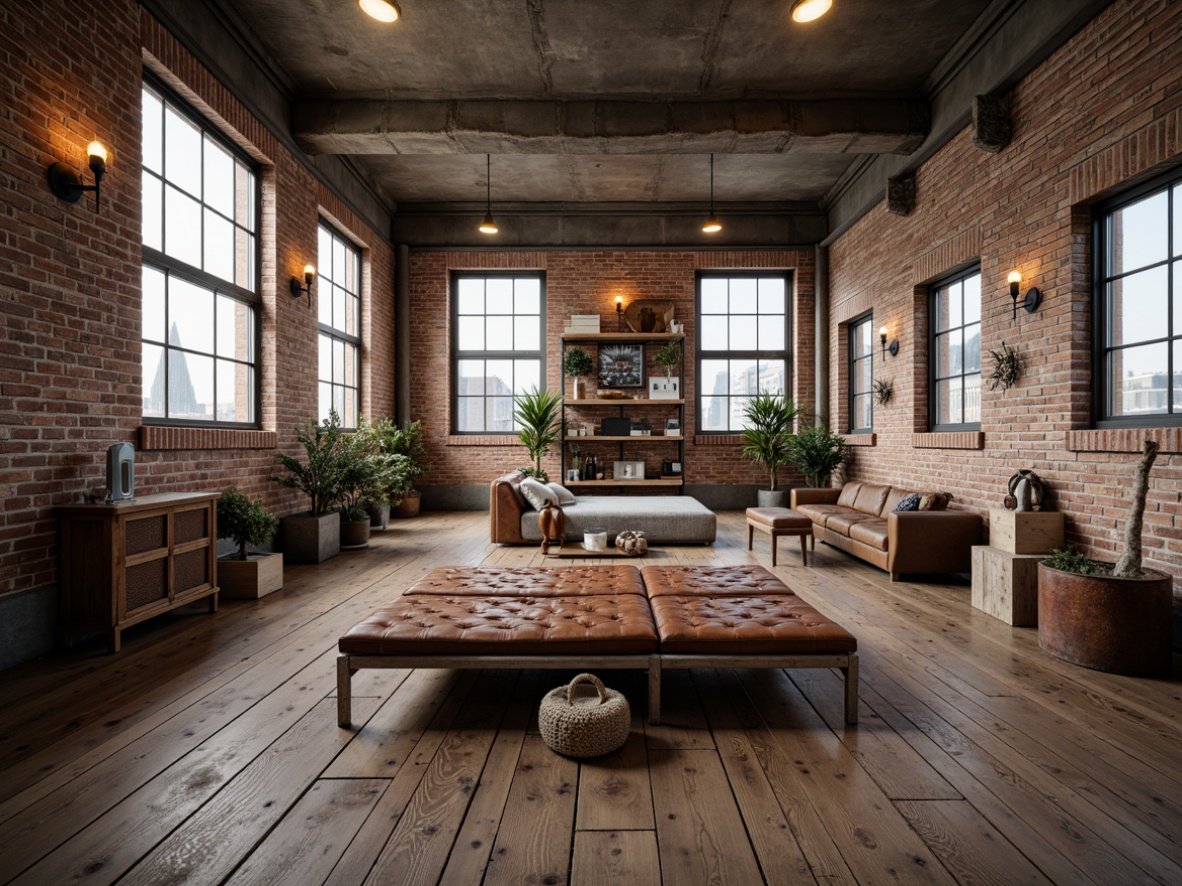 Prompt: Exposed brick walls, metal frame windows, reclaimed wood flooring, industrial-style lighting fixtures, vintage machinery parts, distressed leather upholstery, steel pipe shelving, minimalist bed frames, concrete ceilings, urban loft atmosphere, warm task lighting, shallow depth of field, 2/3 composition, realistic textures, ambient occlusion.