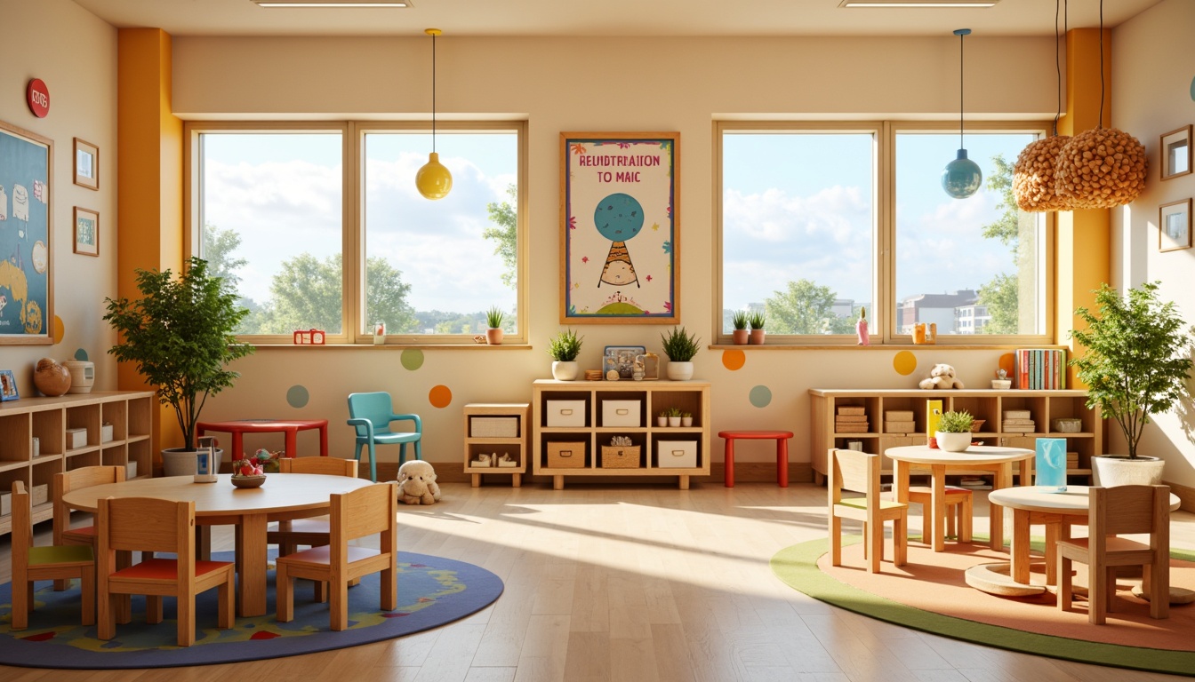 Prompt: Vibrant kindergarten interior, bright primary colors, playful polka dots, soft pastel shades, warm beige walls, educational posters, wooden furniture, colorful rugs, interactive play areas, circular tables, tiny chairs, stimulating lighting, shallow depth of field, 1/1 composition, realistic textures, ambient occlusion.