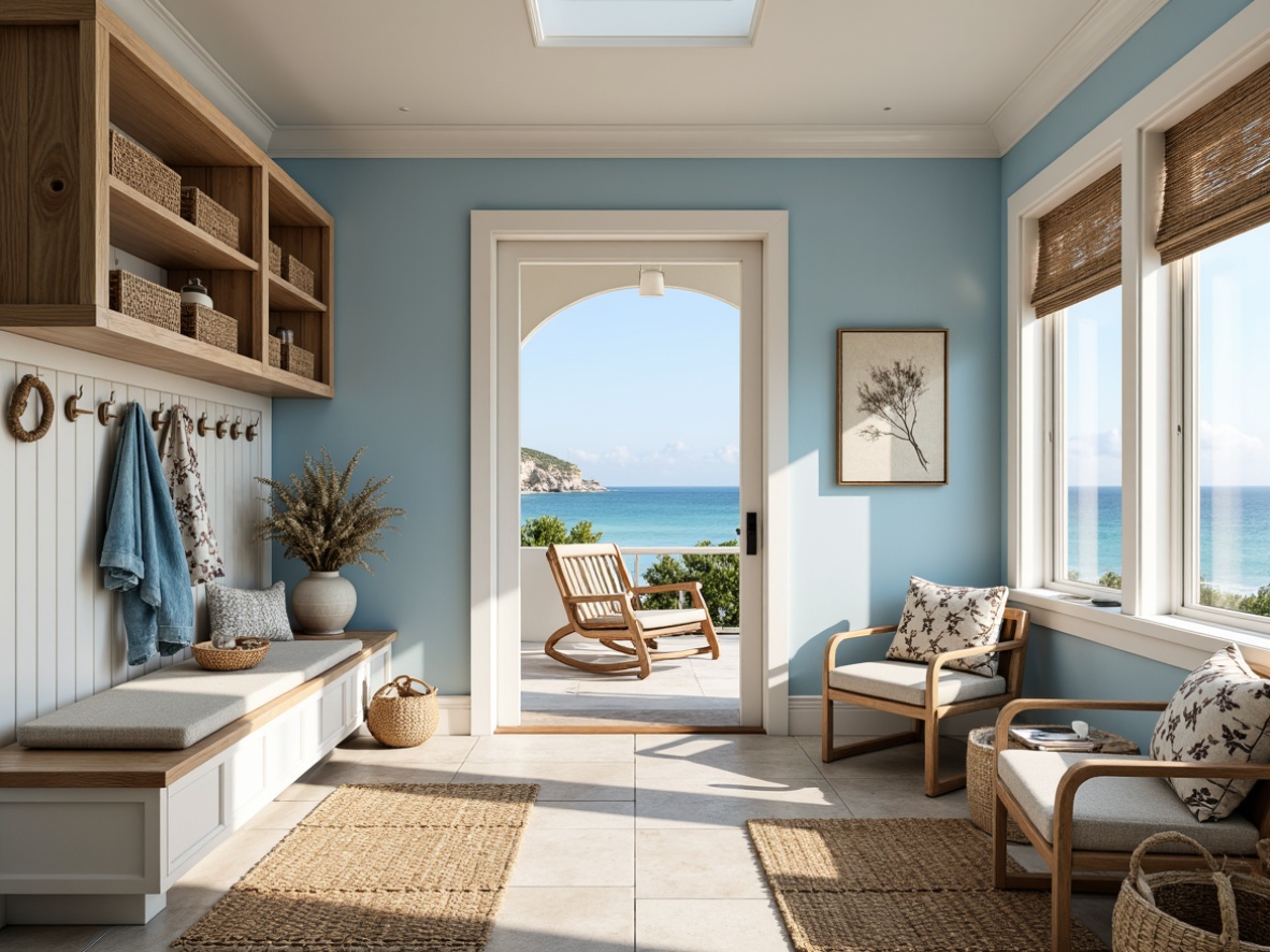 Prompt: Coastal mudroom, driftwood accents, woven rattan furniture, natural jute rugs, ocean-inspired color palette, soothing blue hues, crisp white trim, distressed wood shelving, nautical rope details, shell-adorned decorative accessories, woven sea grass baskets, coral-patterned textiles, sunny coastal views, soft warm lighting, shallow depth of field, 1/1 composition, realistic textures, ambient occlusion.