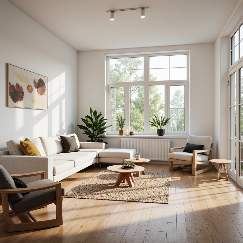 Prompt: Light-filled living room, minimalist decor, Scandinavian design, wooden floorboards, white walls, large windows, natural light, sparse furniture, sleek lines, low-profile sofas, wooden coffee tables, woven textiles, geometric patterns, subtle color palette, calming atmosphere, soft warm lighting, shallow depth of field, 1/1 composition, realistic textures, ambient occlusion.