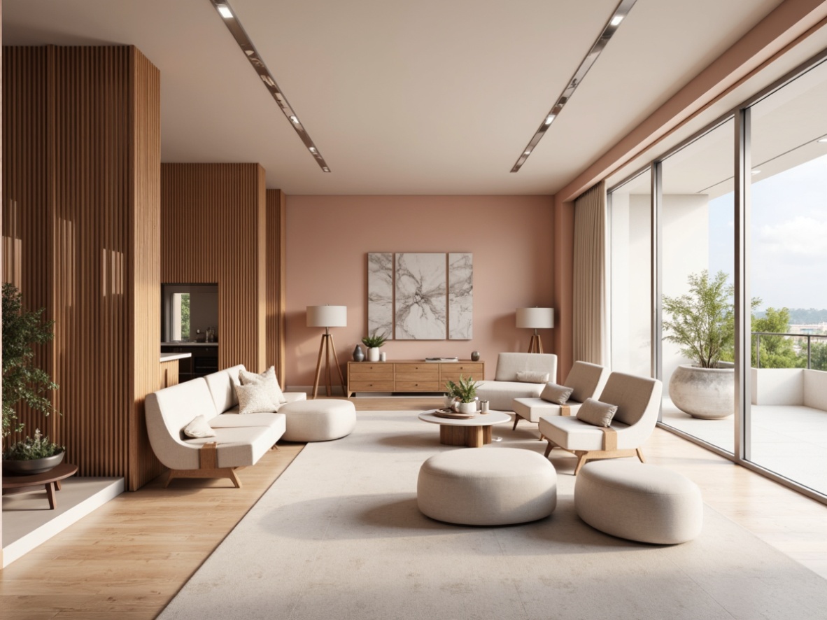 Prompt: Monochromatic modern interior, sleek lines, minimal ornamentation, pastel shades, soft peach tones, creamy whites, rich charcoal accents, metallic silver hints, matte finishes, luxurious fabrics, ambient warm lighting, shallow depth of field, 1/1 composition, realistic textures, subtle gradient effects, atmospheric perspective.