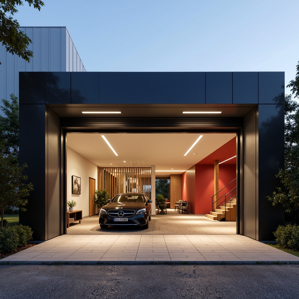 Prompt: Monochromatic garage exterior, sleek modern fa\u00e7ade, silver metallic accents, polished chrome details, matte black trim, neutral beige walls, bold red accent wall, industrial-style lighting fixtures, minimalist decorative elements, open floor plan, high ceilings, natural wood flooring, rustic wooden accents, earthy tone color scheme, warm ambient lighting, 1/1 composition, shallow depth of field, soft focus effect.