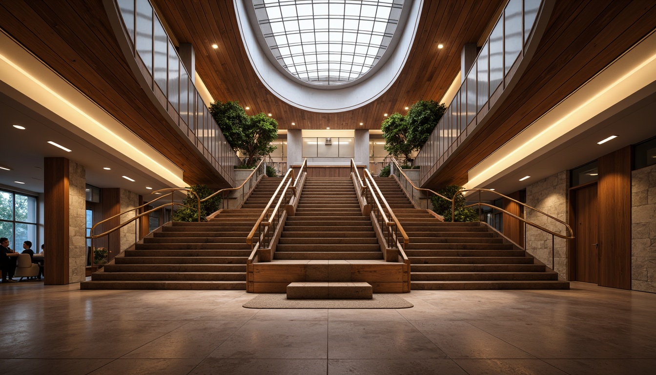 Prompt: Elegant balustrade, ornate metalwork, curved wooden handrails, polished chrome banisters, safety glass panels, minimalist steel cables, luxurious carpeted stairs, richly textured stone walls, warm ambient lighting, dramatic high ceiling, open floor plan, flowing curves, harmonious proportions, 1/1 composition, soft focus blur, realistic reflections.