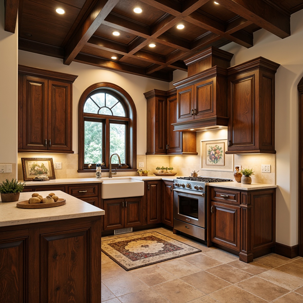 Prompt: Richly stained wooden cabinetry, ornate carvings, classic crown molding, soft warm lighting, traditional kitchen layout, farmhouse sink, porcelain fixtures, cream-colored countertops, distressed finishes, earthy color palette, natural stone flooring, rustic wooden beams, cozy breakfast nook, vintage hardware, decorative tile backsplash, arched windows, plush area rug, warm beige walls, classic 3/4 composition, inviting atmosphere, realistic textures.