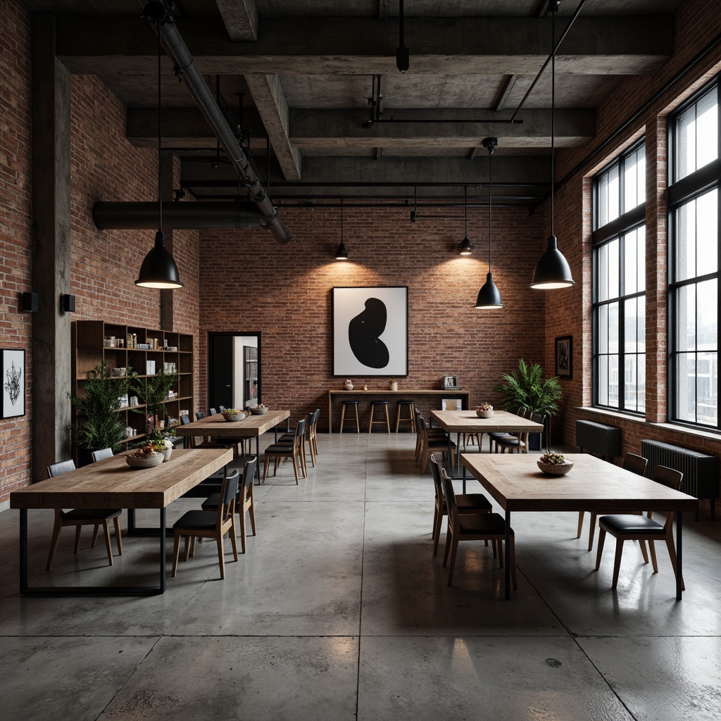 Prompt: Industrial factory interior, exposed brick walls, metal beams, concrete floors, functional minimalist furniture, brutalist design aesthetic, raw steel tables, reclaimed wood chairs, industrial-style lighting fixtures, metal mesh shelving, urban loft atmosphere, moody dim lighting, high ceiling, open space, abstract artwork, distressed textures, monochromatic color scheme, 1/1 composition, symmetrical framing, realistic render.