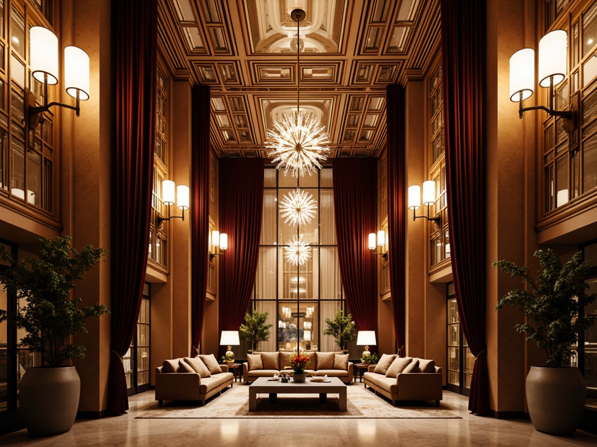 Prompt: Luxurious Art Deco interior, ornate metalwork, geometric patterns, opulent chandeliers, sconce lighting, cylindrical shades, polished chrome accents, lavish crystal drops, velvet drapes, marble floors, rich wood paneling, metallic leaf motifs, sunburst designs, bold color schemes, dramatic vertical lines, symmetrical compositions, soft warm glow, low-key ambient lighting, 1/2 composition, shallow depth of field.