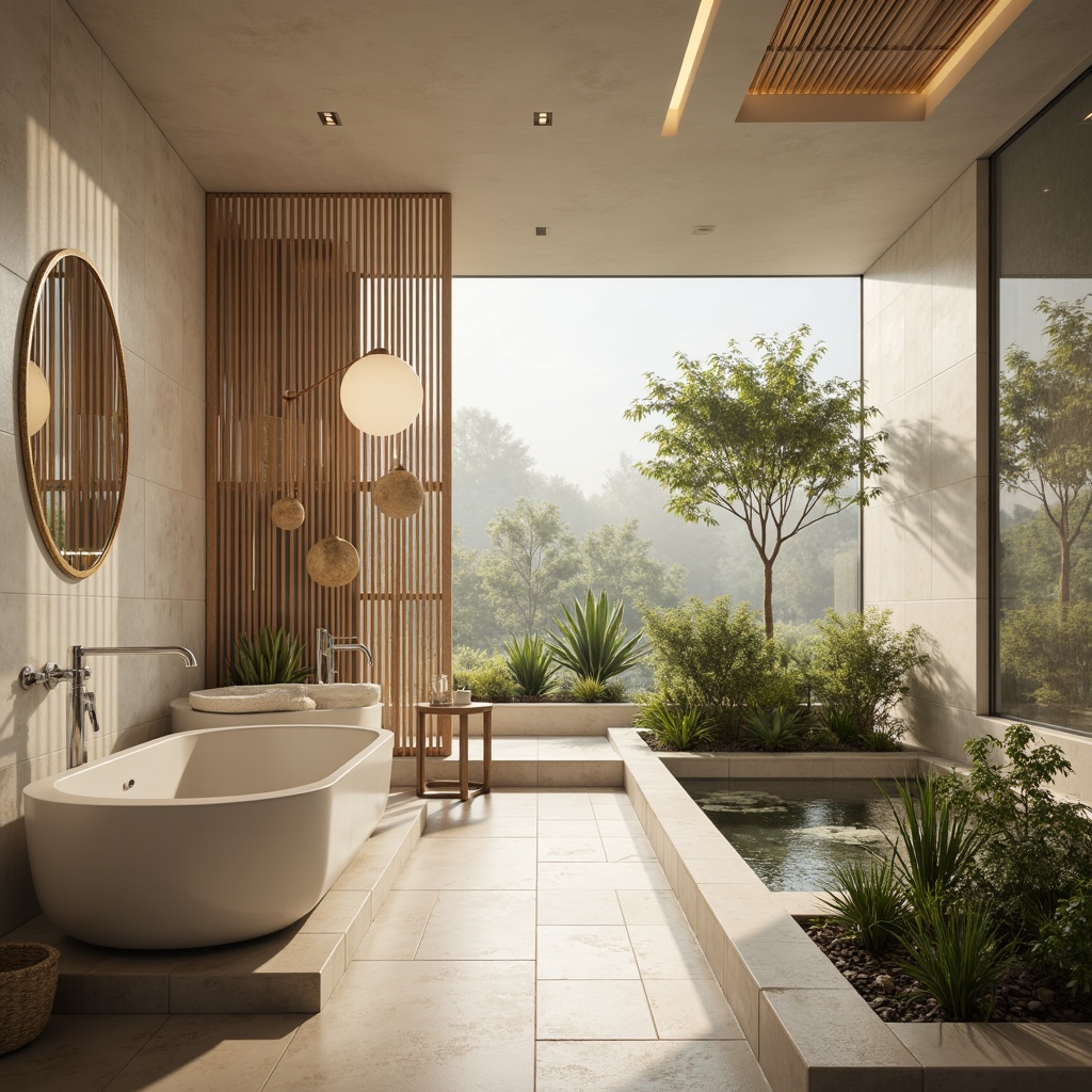 Prompt: Calming bathroom oasis, soft creamy whites, warm beige tones, rich wood accents, subtle gray undertones, spa-inspired ambiance, natural stone flooring, elegant freestanding tubs, wall-mounted fixtures, polished chrome hardware, ambient LED lighting, large format tiles, botanical greenery, serene water features, misty morning atmosphere, shallow depth of field, 2/3 composition, warm softbox lighting.