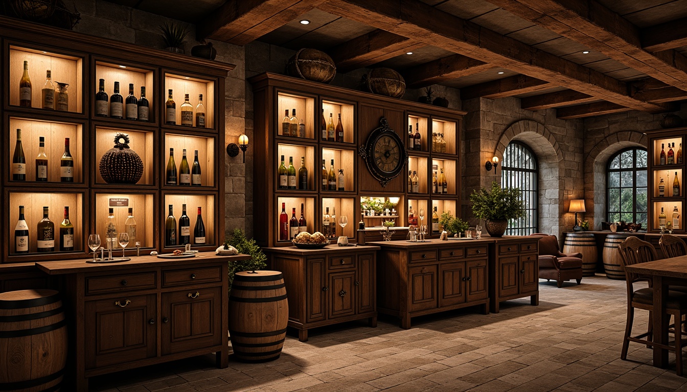 Prompt: Rustic wine cellar, eclectic style, wooden shelves, metal latticework, glass doors, ambient warm lighting, rich wood tones, earthy stone walls, vintage wine barrels, ornate metalwork, distressed finishes, decorative trims, unique artifacts, dimly lit atmosphere, mysterious shadows, 1/1 composition, dramatic spotlighting, realistic textures, subtle color grading.