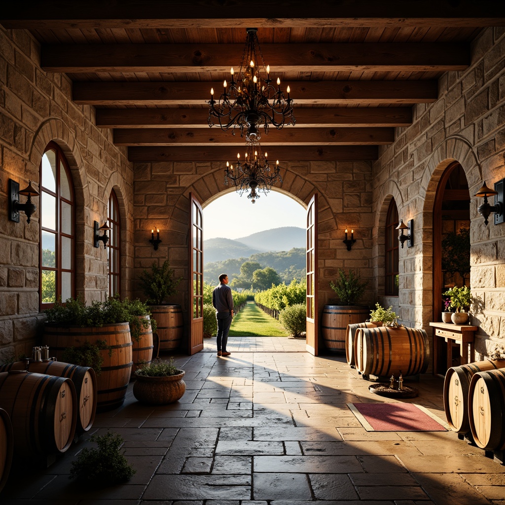 Prompt: Rustic winery, stone fa\u00e7ade, wooden barrels, vintage wine-making equipment, dim warm lighting, ornate metalwork, elegant chandeliers, rich wood tones, earthy color palette, natural stone flooring, arched windows, classic French doors, lush vineyards, rolling hills, sunny afternoon, soft focus, shallow depth of field, 2/3 composition, warm golden lighting, realistic textures, ambient occlusion.