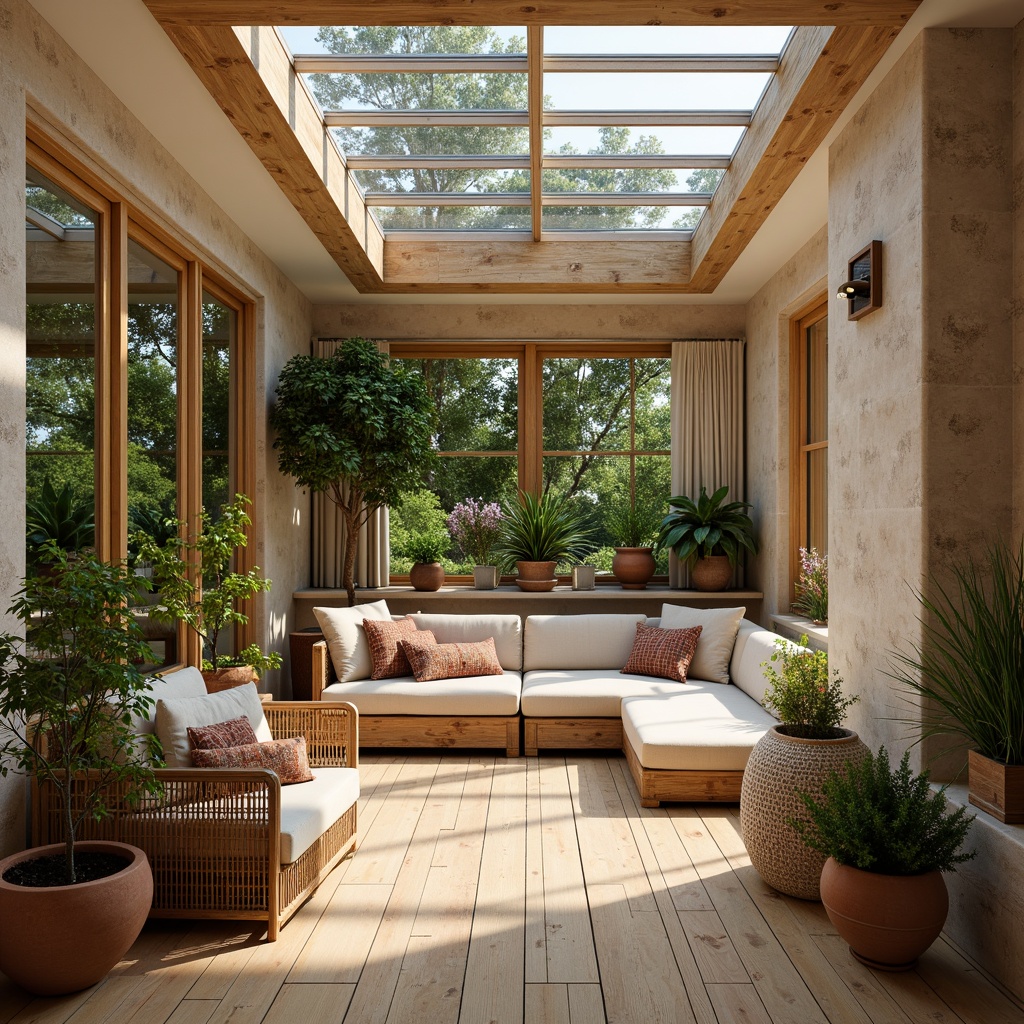 Prompt: Cozy sunroom, warm natural light, wooden flooring, rustic stone walls, plush cushions, soft velvet fabrics, woven rattan furniture, earthy terracotta pots, lush greenery, vibrant flowers, glass roof, clerestory windows, sliding glass doors, minimal ornamentation, organic shapes, tactile materials, rough-hewn wood accents, matte finishes, subtle color palette, warm beige tones, inviting ambiance, soft diffused lighting, 1/1 composition, realistic textures, ambient occlusion.