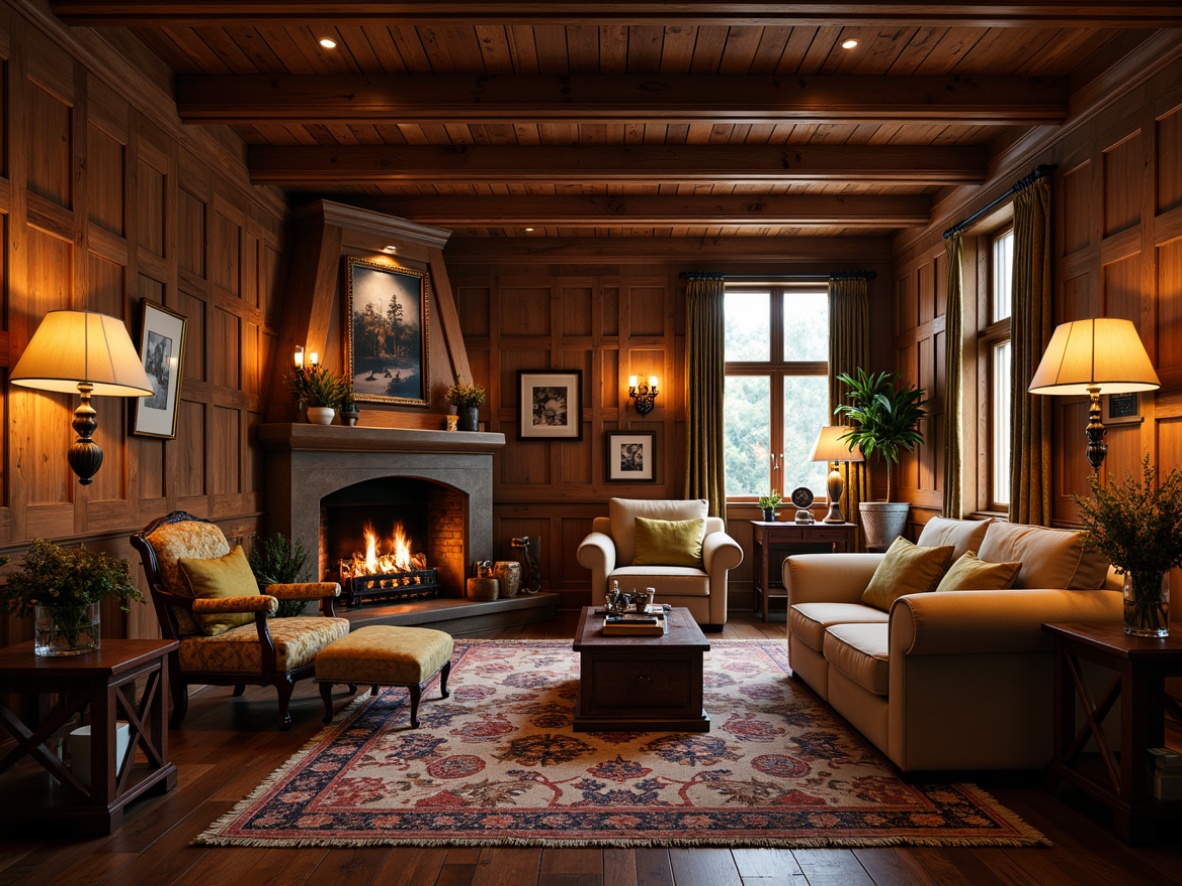 Prompt: Cozy living room, warm wood tones, rich textures, ornate fixtures, earthy color palette, vintage furniture, plush rugs, soft warm lighting, table lamps, floor lamps, pendant lights, candles, natural materials, wooden beams, stone fireplaces, comfortable seating areas, intimate ambiance, relaxing atmosphere, warm color temperatures, 1/1 composition, shallow depth of field, realistic textures, ambient occlusion.