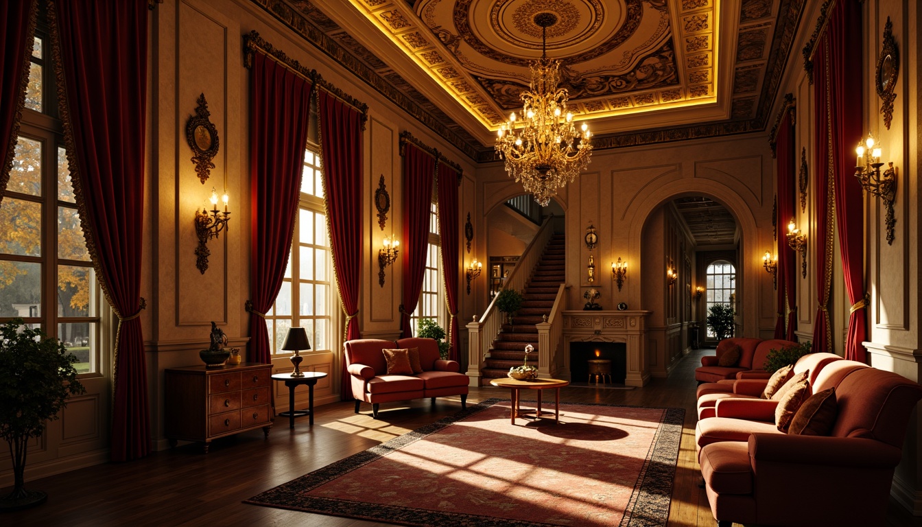 Prompt: Opulent chandeliers, warm golden lighting, rich velvet drapes, ornate mirrors, lavish furnishings, intricate carvings, grand staircases, dramatic archways, luxurious textiles, rich wood paneling, ornamental ceilings, soft candlelight, subtle shadows, atmospheric ambiance, 1/1 composition, low-key lighting, realistic reflections, detailed normal maps.