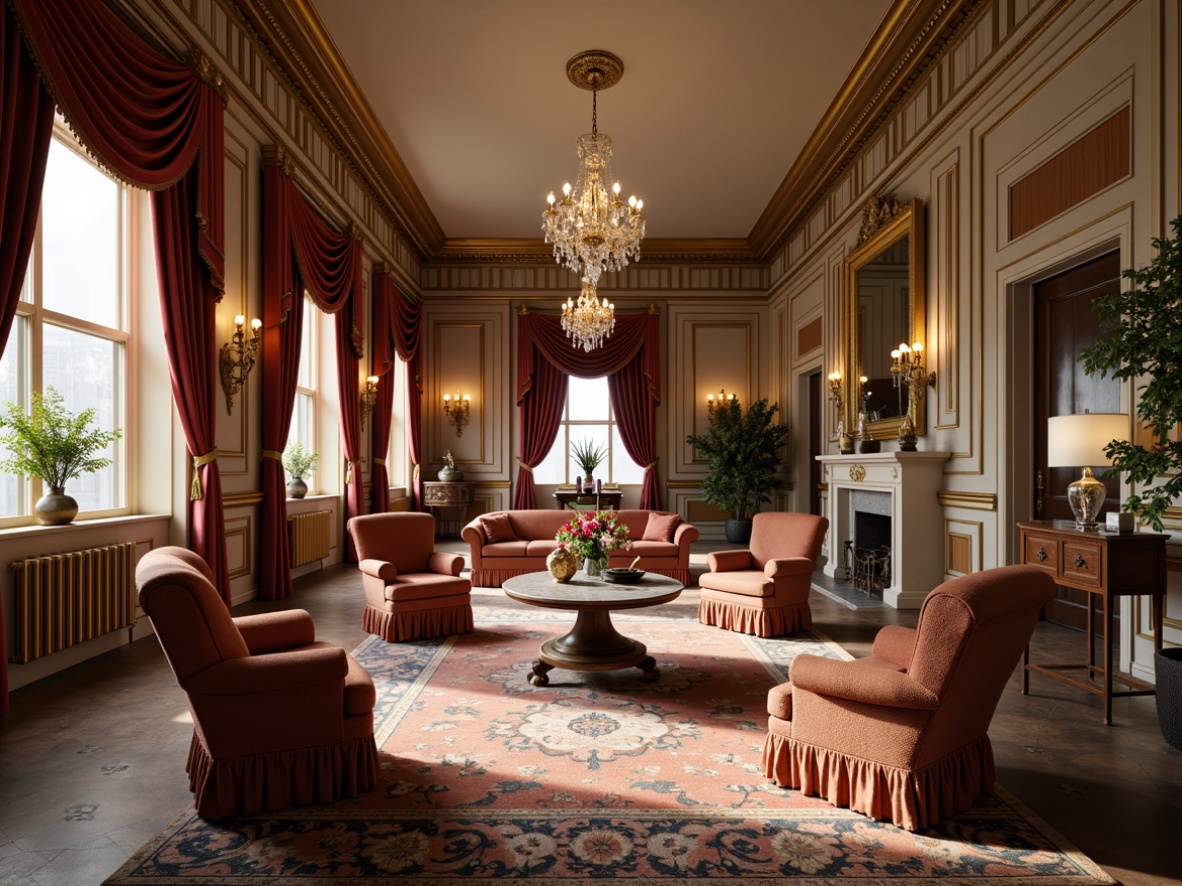 Prompt: Elegant neoclassical interior, ornate furniture pieces, curved lines, carved wood accents, luxurious fabrics, velvet upholstery, gilded frames, marble tops, crystal chandeliers, symmetrical composition, classical proportions, harmonious color palette, soft warm lighting, shallow depth of field, 2/3 composition, realistic textures, ambient occlusion.