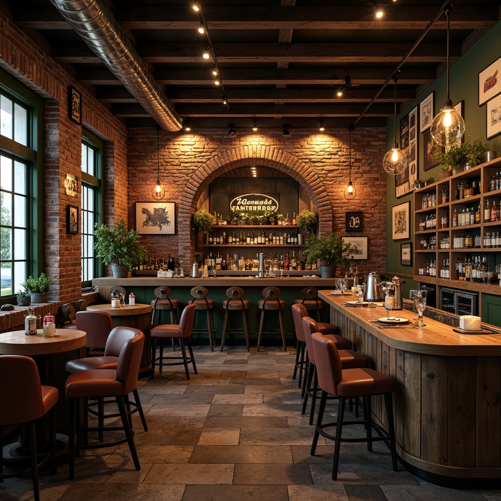 Prompt: Rustic wooden bars, distressed finishes, vintage signage, exposed brick walls, reclaimed wood accents, industrial metal beams, Edison bulb lighting, rich leather upholstery, velvety dark green walls, polished chrome fixtures, ornate wooden cabinets, textured stone floors, warm ambient glow, shallow depth of field, 1/2 composition, realistic reflections, high-contrast rendering.