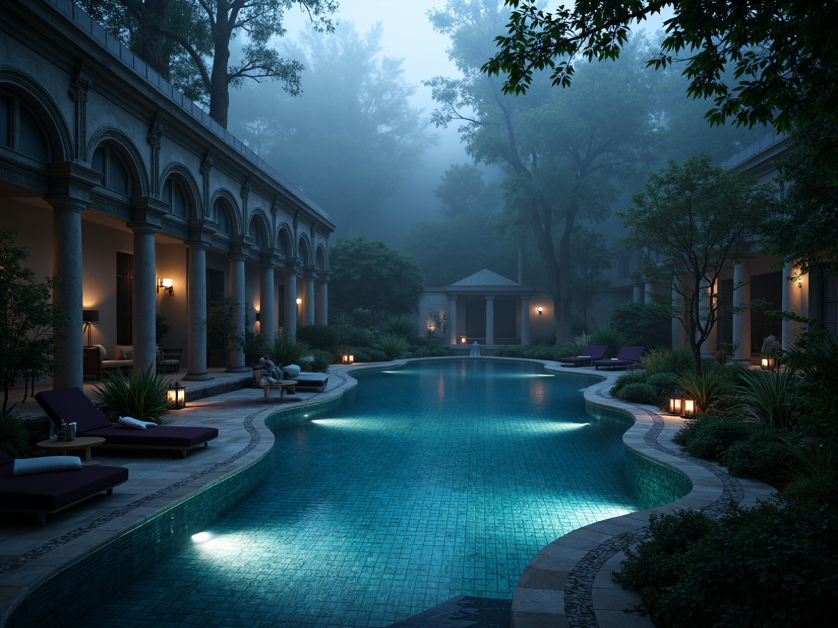 Prompt: Mysterious dark blue waters, ornate stone coping, Gothic arches, majestic columns, eerie misting effects, lantern-style pool lights, intricate mosaic tiles, luxurious velvet lounge chairs, mysterious forest surroundings, twisted tree branches, foggy morning atmosphere, dramatic spotlighting, high-contrast rendering, cinematic composition.