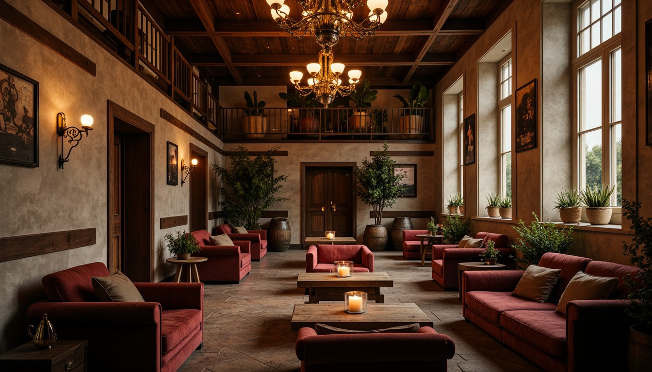 Prompt: Rustic wooden accents, soft warm glow, candles on tables, ornate metal chandeliers, dimmed ceiling lights, rich velvet fabrics, luxurious leather sofas, distressed stone walls, vintage wine barrels, classic French posters, soft jazz music, intimate cozy atmosphere, dark wood flooring, golden hardware details, lavish curtains, grand staircase, dramatic high ceilings, warm beige tones, moody shadows, subtle spotlighting, 1/2 composition, cinematic lighting, realistic textures, ambient occlusion.