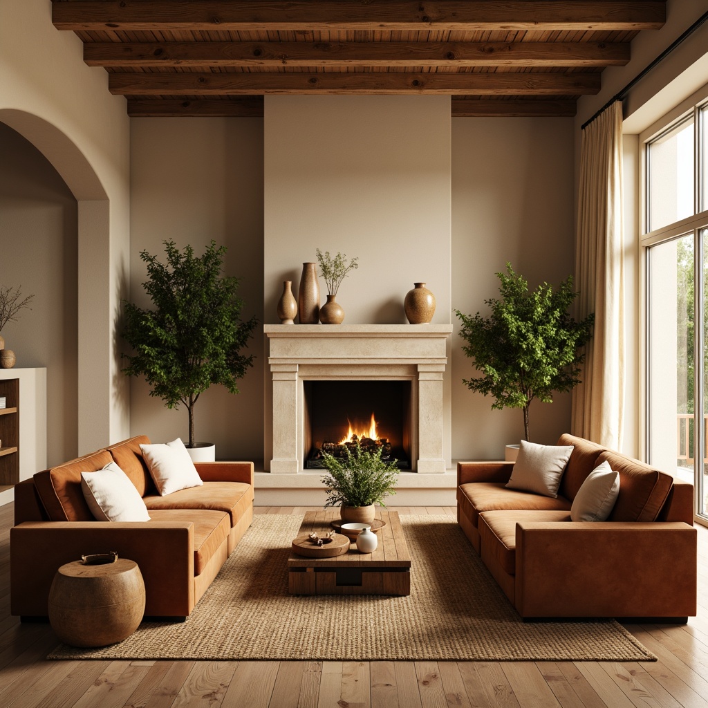 Prompt: Cozy living room, warm beige walls, rich walnut wood furniture, plush velvet sofas, soft golden lighting, creamy white accents, natural stone fireplace, earthy terracotta vases, lush greenery, woven jute rugs, organic shapes, subtle texture contrasts, inviting atmosphere, 1/2 composition, warm color harmony, realistic material rendering.