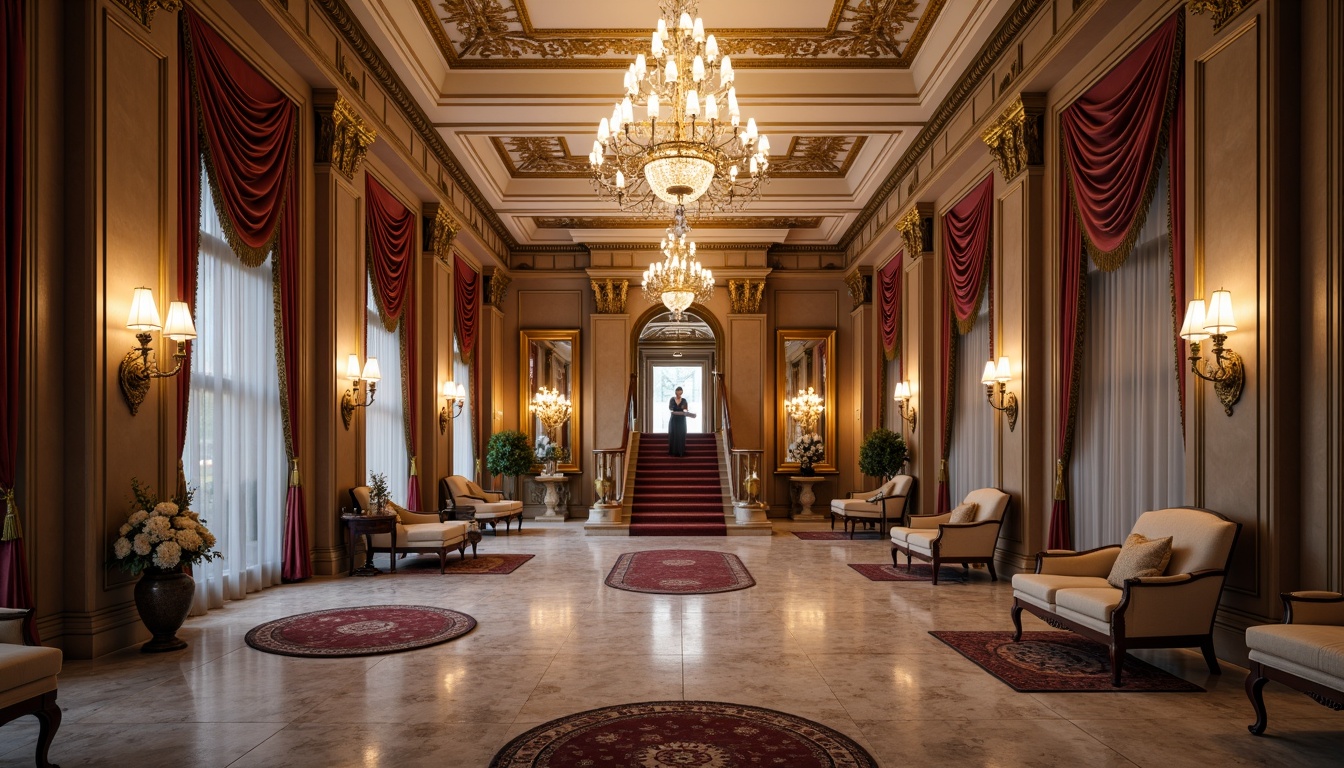 Prompt: Elegant hotel lobby, grand chandelier, intricate moldings, ornate ceiling details, classical columns, marble flooring, lavish furnishings, rich velvet drapes, gilded frames, antique vases, ornamental mirrors, refined color palette, subtle patterned rugs, majestic staircase, dramatic lighting, 1/2 composition, warm atmospheric glow, realistic reflections, ambient occlusion.