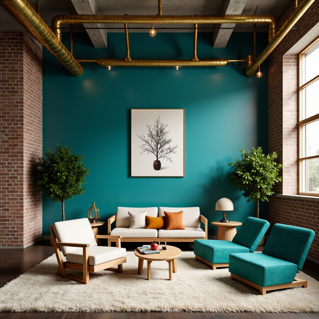 Prompt: Vibrant modern interior, bold accent walls, rich turquoise furniture, metallic gold lighting fixtures, plush cream-colored carpets, sleek minimalist decor, statement artwork, eclectic vintage accessories, industrial chic pipes, exposed brick walls, natural stone flooring, warm ambient glow, soft box lighting, 3/4 composition, shallow depth of field.