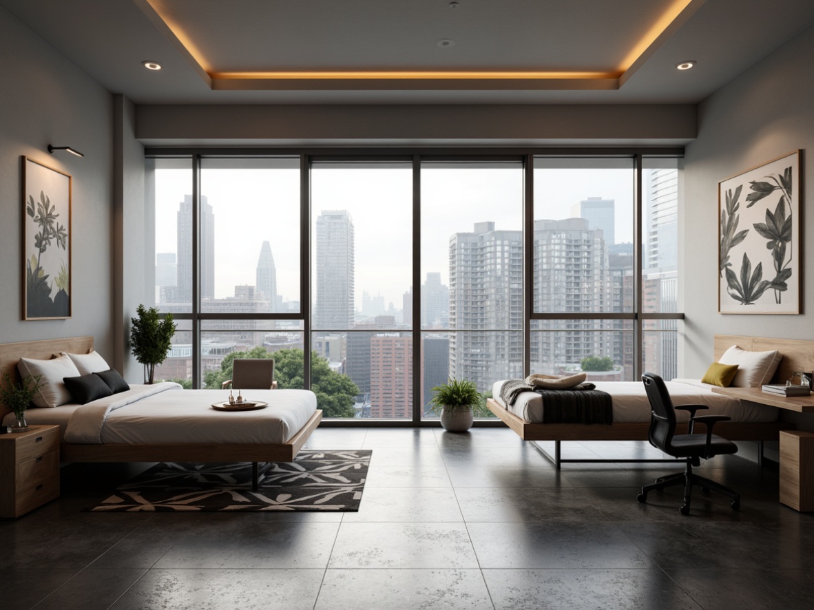 Prompt: Modern dorm room, sleek minimalist furniture, low-profile bed frames, industrial metal desks, ergonomic chairs, geometric-patterned rugs, monochromatic color scheme, abstract wall art, floor-to-ceiling windows, natural light, urban cityscape views, warm LED lighting, 1/1 composition, realistic textures, ambient occlusion.