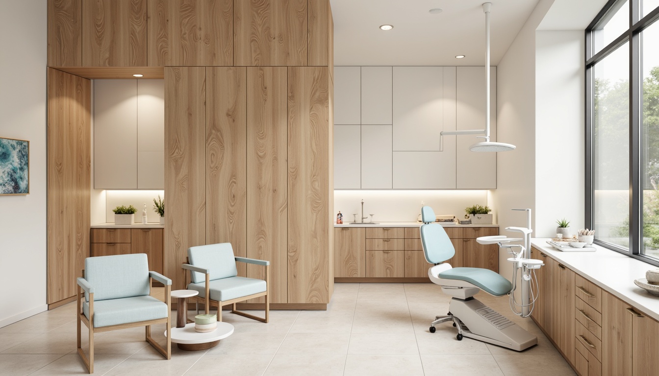 Prompt: Natural wood accents, light beige walls, soft cream colors, minimal ornamentation, clean lines, Nordic-inspired design, wooden paneling, subtle grain textures, matte finishes, calming atmosphere, gentle lighting, airy spaces, modern dental equipment, sleek metal fixtures, hygienic surfaces, ceramic tiles, pale blue accents, soothing color palette, warm neutral tones, cozy waiting areas, comfortable seating, minimalist decor, Scandinavian charm.