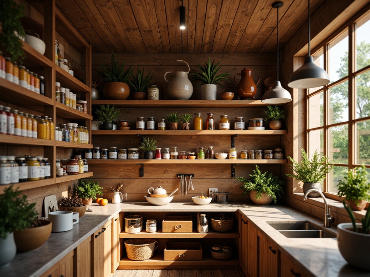 Prompt: Vibrant pantry, warm wooden shelves, colorful ceramic jars, artisanal food displays, rustic metal racks, soft warm lighting, LED under-cabinet lights, pendant lamps, natural stone countertops, earthy color palette, cozy atmosphere, morning sunlight, shallow depth of field, 1/2 composition, realistic textures, ambient occlusion.