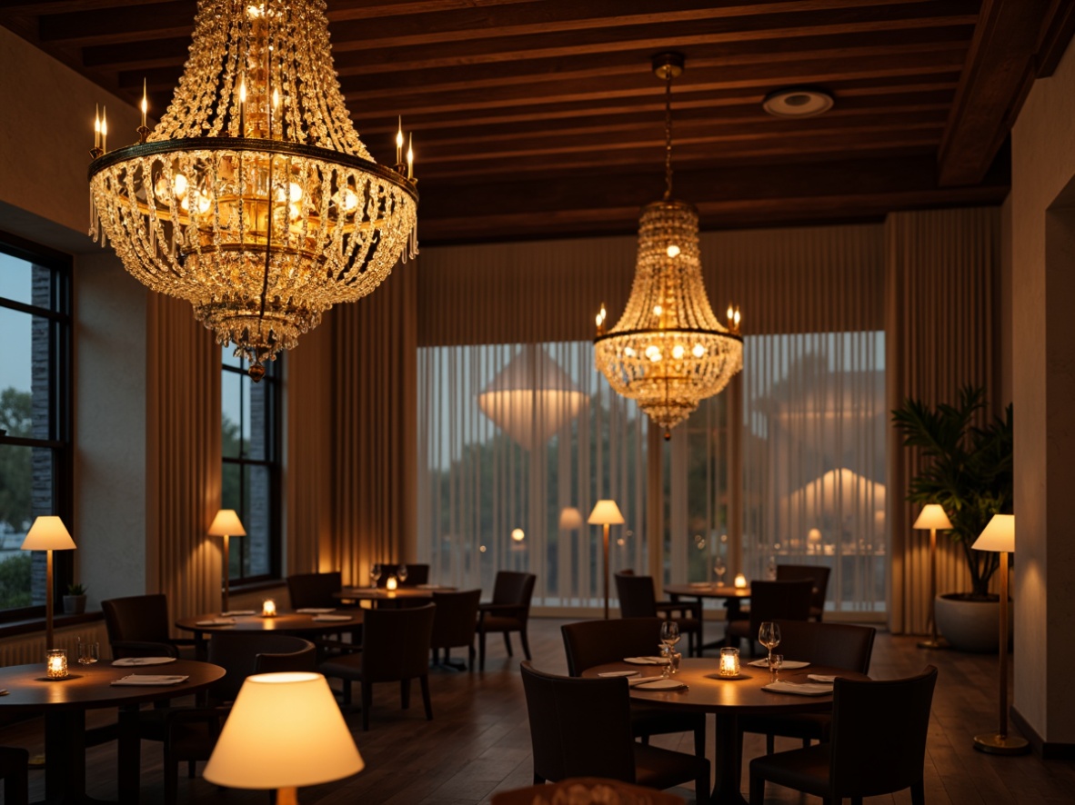 Prompt: Elegant chandeliers, warm golden lighting, ornate metalwork, delicate crystals, soft candlelight, cozy table lamps, floor-to-ceiling windows, natural daylight, sheer curtains, dramatic spotlights, modern LED strips, minimalist pendant lights, rustic wooden fixtures, vintage industrial designs, ambient glow, softbox illumination, 1/1 composition, atmospheric rendering.