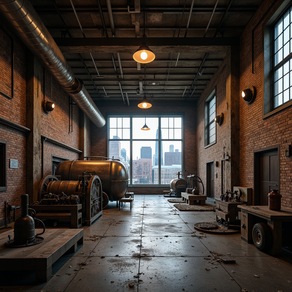 Prompt: Exposed brick walls, metal beams, reclaimed wood accents, industrial-style lighting fixtures, distressed concrete floors, urban cityscape, abandoned factory backdrop, gritty textured surfaces, mechanical equipment details, rusty metallic tones, moody atmospheric lighting, shallow depth of field, 2/3 composition, cinematic camera angles, high-contrast color grading, realistic material reflections.