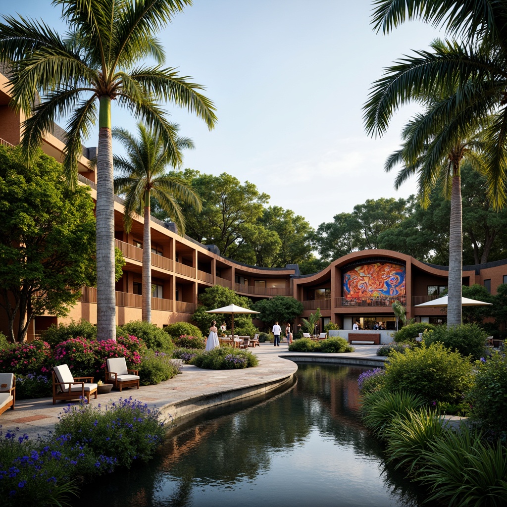 Prompt: Lush tropical gardens, exotic palm trees, vibrant hibiscus flowers, natural stone walkways, wooden bridges, tranquil koi ponds, modern performing arts center, curved lines, minimalist design, open-air amphitheater, stage with colorful textiles, eclectic sculptures, tropical hardwood floors, sliding glass doors, clerestory windows, warm ambient lighting, shallow depth of field, 1/1 composition, panoramic view, realistic textures, ambient occlusion.