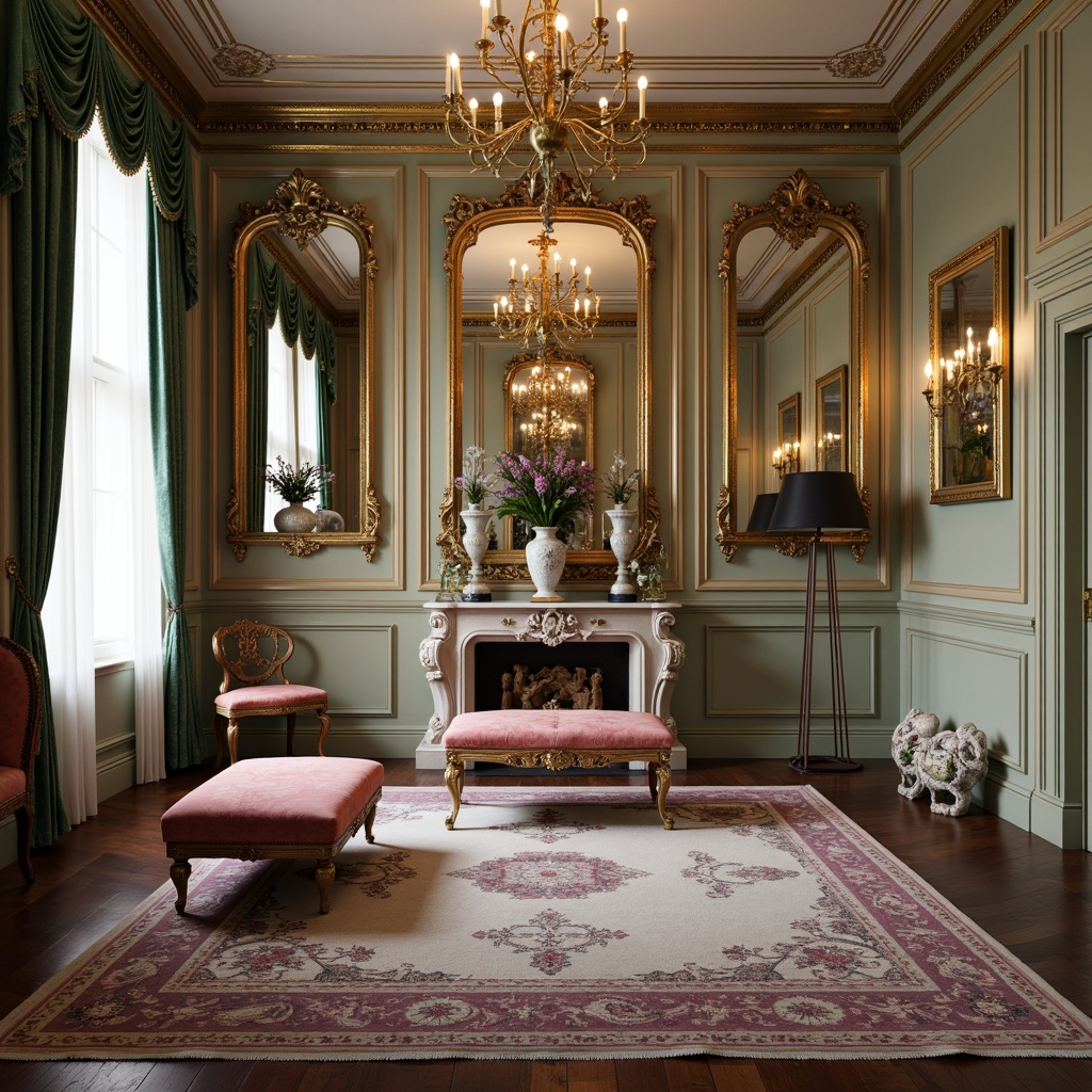 Prompt: Ornate mirrors, gilded frames, velvet upholstery, curved lines, carved wooden legs, tufted ottomans, intricately patterned rugs, luxurious fabrics, soft pastel colors, elegant chandeliers, ornamental vases, antique clocks, delicate porcelain figurines, refined cabinetry, intricate moldings, lavish drapery, opulent textiles, richly colored wallpapers, dramatic lighting effects, shallow depth of field, 1/1 composition, warm soft focus, realistic reflections.