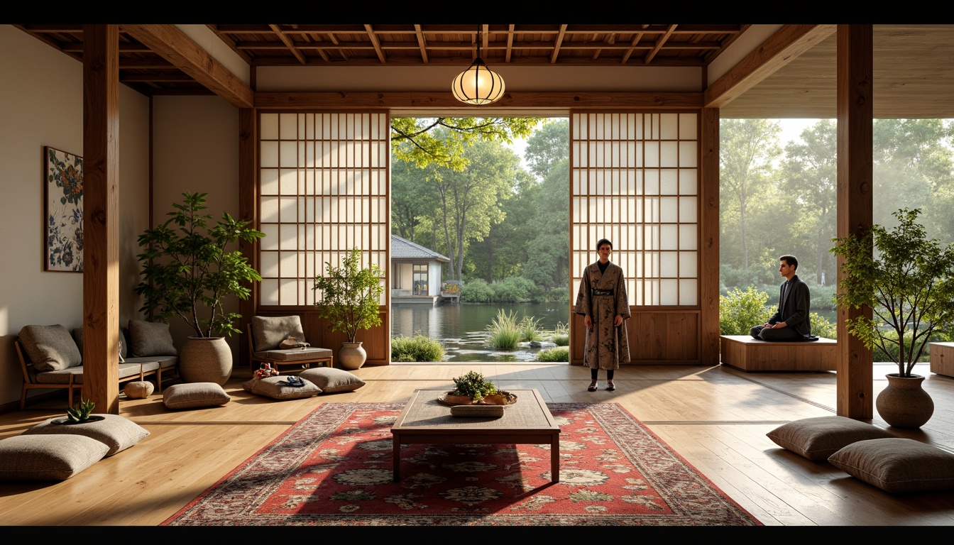 Prompt: Traditional Japanese shoji screens, natural wood accents, paper lanterns, woven bamboo furniture, intricately patterned rugs, vibrant kimonos, Buddha statues, peaceful water features, lush greenery, warm soft lighting, shallow depth of field, 3/4 composition, realistic textures, ambient occlusion, harmonious color palette, elegant simplicity, cultural heritage inspiration.