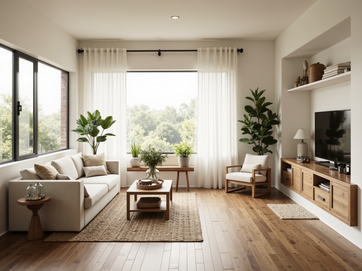 Prompt: Minimalist living room, light-filled open space, creamy white walls, polished wooden floors, natural textiles, woven rugs, simplistic furniture, Nordic-inspired decor, plenty of greenery, floor-to-ceiling windows, sheer curtains, soft warm lighting, cozy reading nook, built-in shelving, organic shapes, earthy color palette, rustic wood accents, industrial metal details, functional minimalism, airy atmosphere, shallow depth of field, 1/1 composition, natural textures, ambient occlusion.