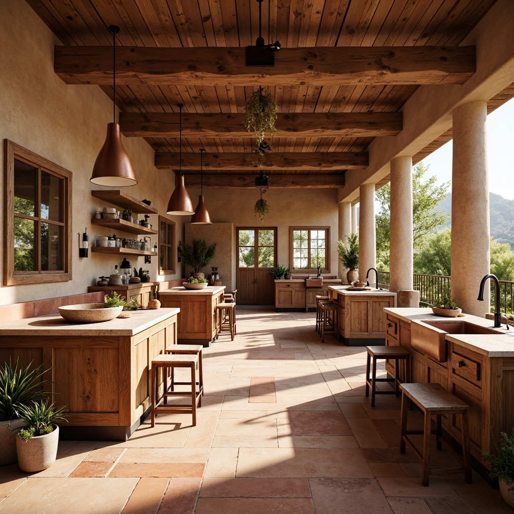 Prompt: Southwestern-style laboratory, rustic wooden cabinets, earthy tone countertops, terracotta tiles, natural stone sinks, copper accents, pendant lighting, minimalist shelving, industrial-style chairs, distressed wood flooring, cacti plants, warm sunny day, soft diffused lighting, shallow depth of field, 1/1 composition, realistic textures, ambient occlusion.