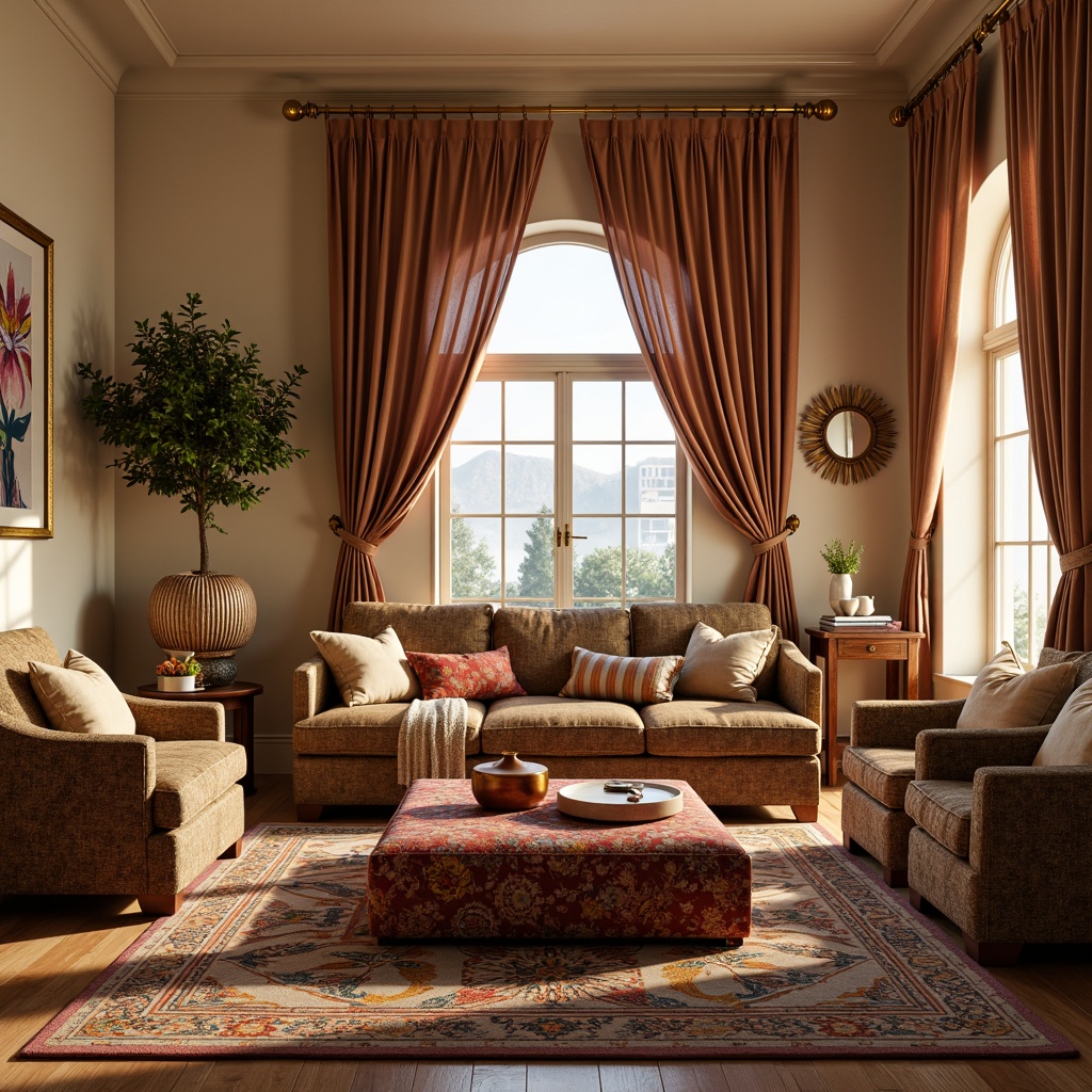 Prompt: Cozy living room, plush velvet sofa, soft woven throw blankets, warm beige walls, natural wood flooring, comfortable accent chairs, vibrant colorful ottomans, Moroccan-inspired tiles, intricate geometric patterns, luxurious silk drapes, golden metal fixtures, ambient warm lighting, shallow depth of field, 1/1 composition, realistic textures.