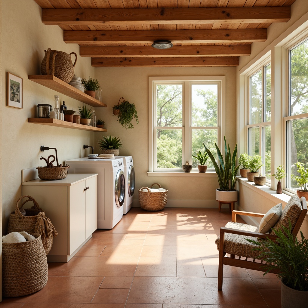 Prompt: Warm beige laundry room, mid-century modern style, retro-inspired color palette, soft pastel hues, creamy whites, rich wood tones, vintage metal accents, rounded edges, organic shapes, natural textiles, woven baskets, earthy terracotta floors, large windows, abundant natural light, warm sunny day, shallow depth of field, 1/1 composition, realistic textures, ambient occlusion.