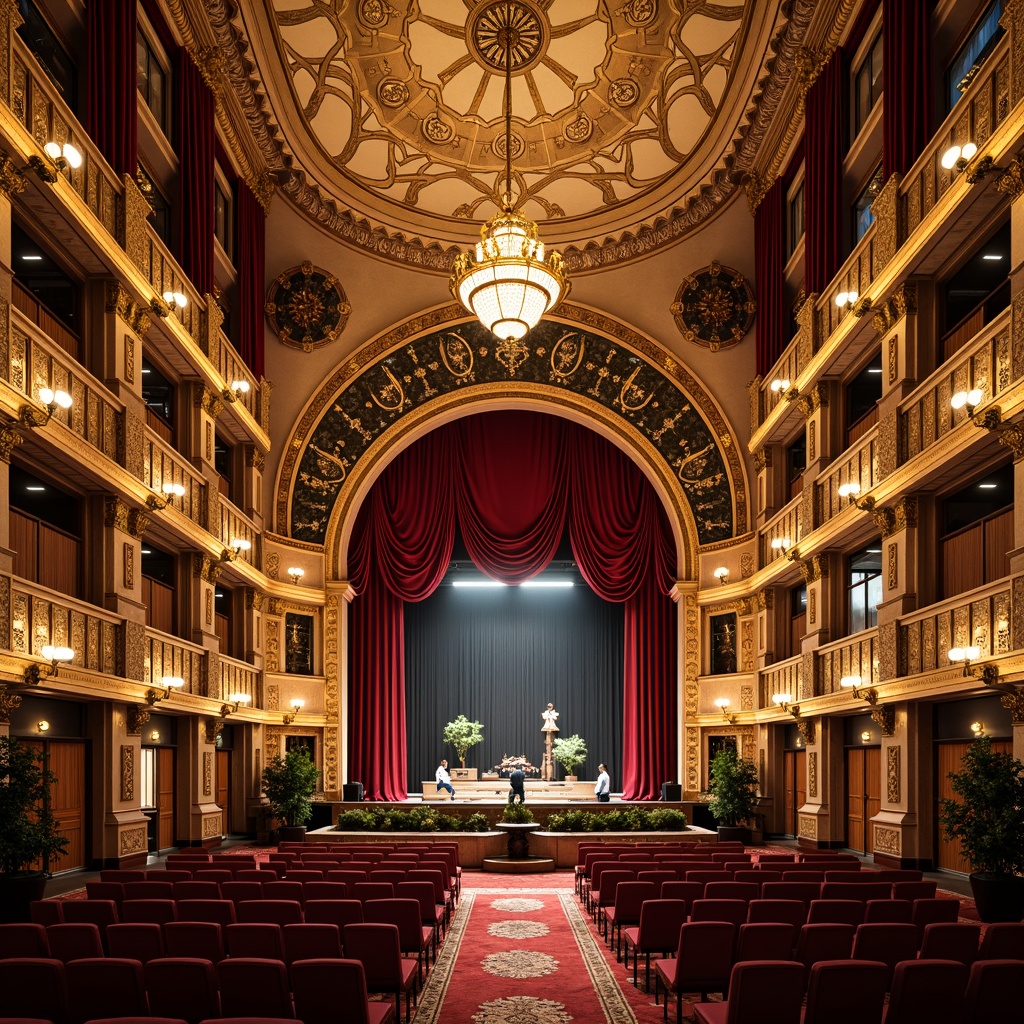 Prompt: Intricate ornate details, flowing organic curves, lavish gold accents, rich velvet drapes, grand chandelier, majestic stage, ornate wooden paneling, decorative metalwork, elaborate plaster ceilings, sweeping arches, grandiose staircases, luxurious upholstery, intricate mosaics, stained glass windows, warm golden lighting, shallow depth of field, 1/2 composition, symmetrical framing, high-contrast textures, detailed ambient occlusion.