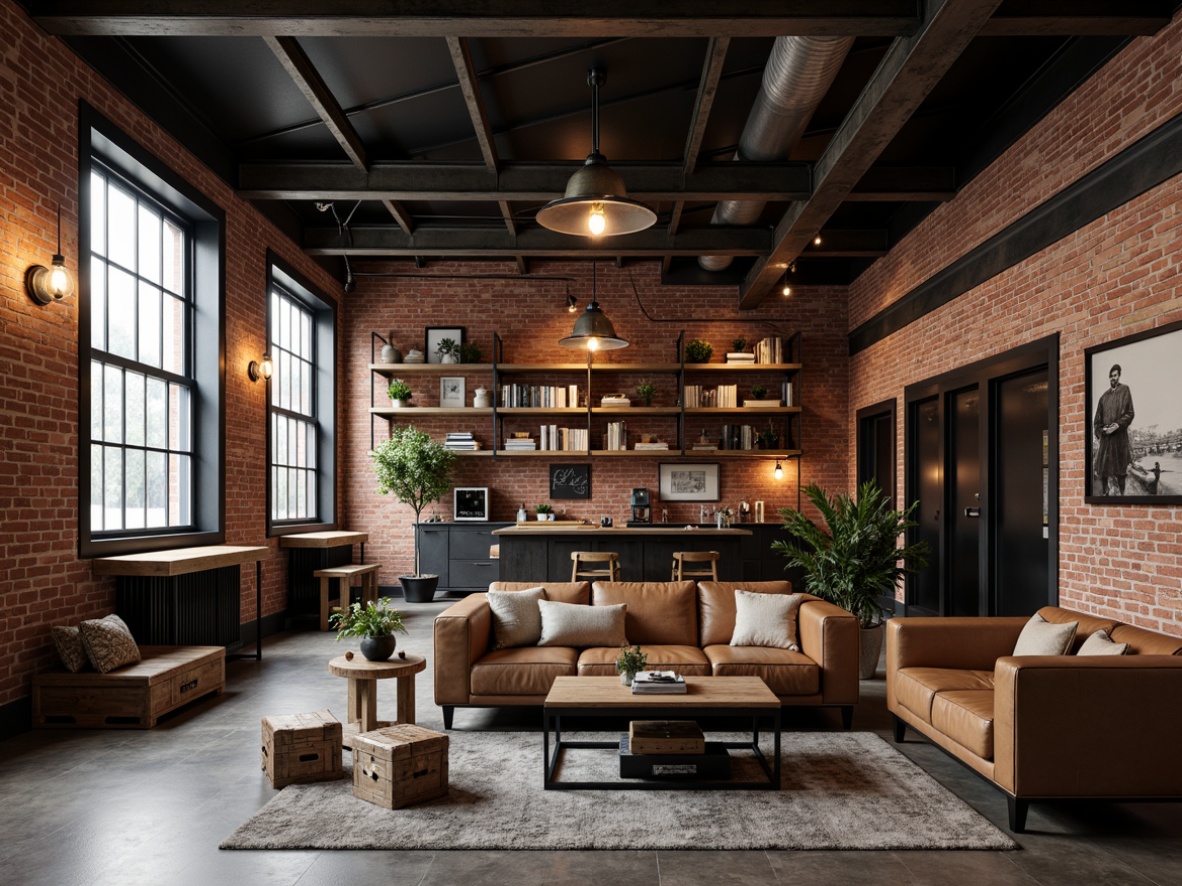 Prompt: Exposed brick walls, metal beams, reclaimed wood shelves, industrial-style lighting fixtures, minimalist decor, vintage factory chairs, distressed leather sofas, wooden crates, metal stools, Edison bulbs, urban loft atmosphere, natural stone flooring, modern bookshelves, eclectic artwork, metallic accents, moody color palette, dramatic shadows, low-key lighting, 1/1 composition, realistic textures, ambient occlusion.