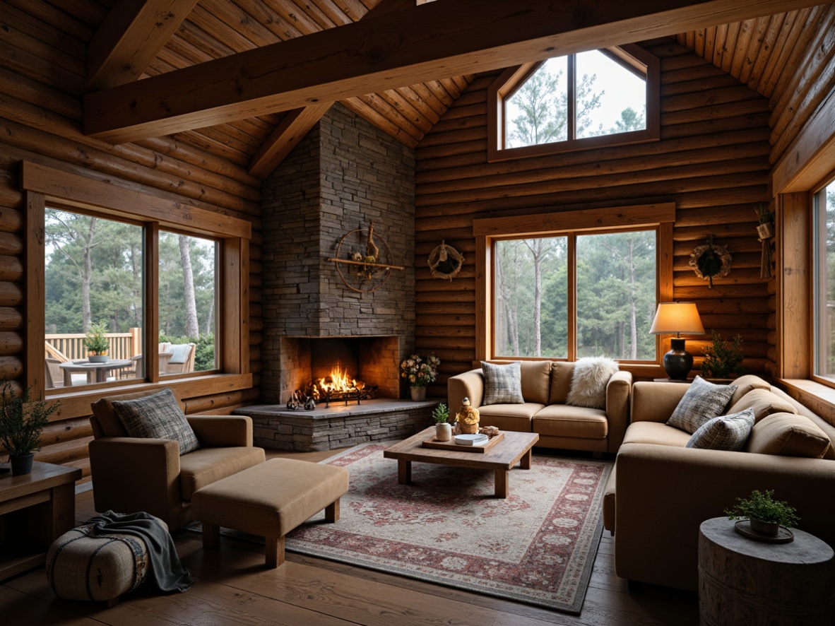 Prompt: Rustic wooden cabin, earthy tones, natural stone walls, reclaimed wood accents, vintage metal decorations, cozy fireplace, plush furnishings, warm candlelight, soft forest surroundings, misty morning atmosphere, shallow depth of field, 1/2 composition, realistic textures, ambient occlusion.