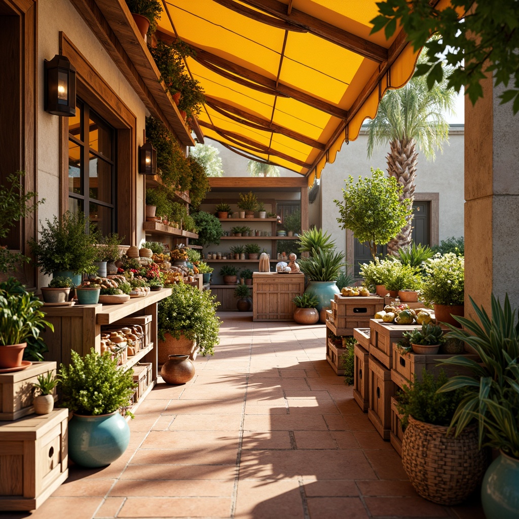 Prompt: Warm Mediterranean grocery store, earthy terracotta floors, creamy limestone walls, rich wooden accents, vibrant turquoise ceramics, sun-kissed yellow awnings, lush greenery, overflowing flower baskets, rustic wooden crates, woven wicker baskets, aromatic spice racks, warm golden lighting, soft natural textures, shallow depth of field, 1/2 composition, realistic ambient occlusion.